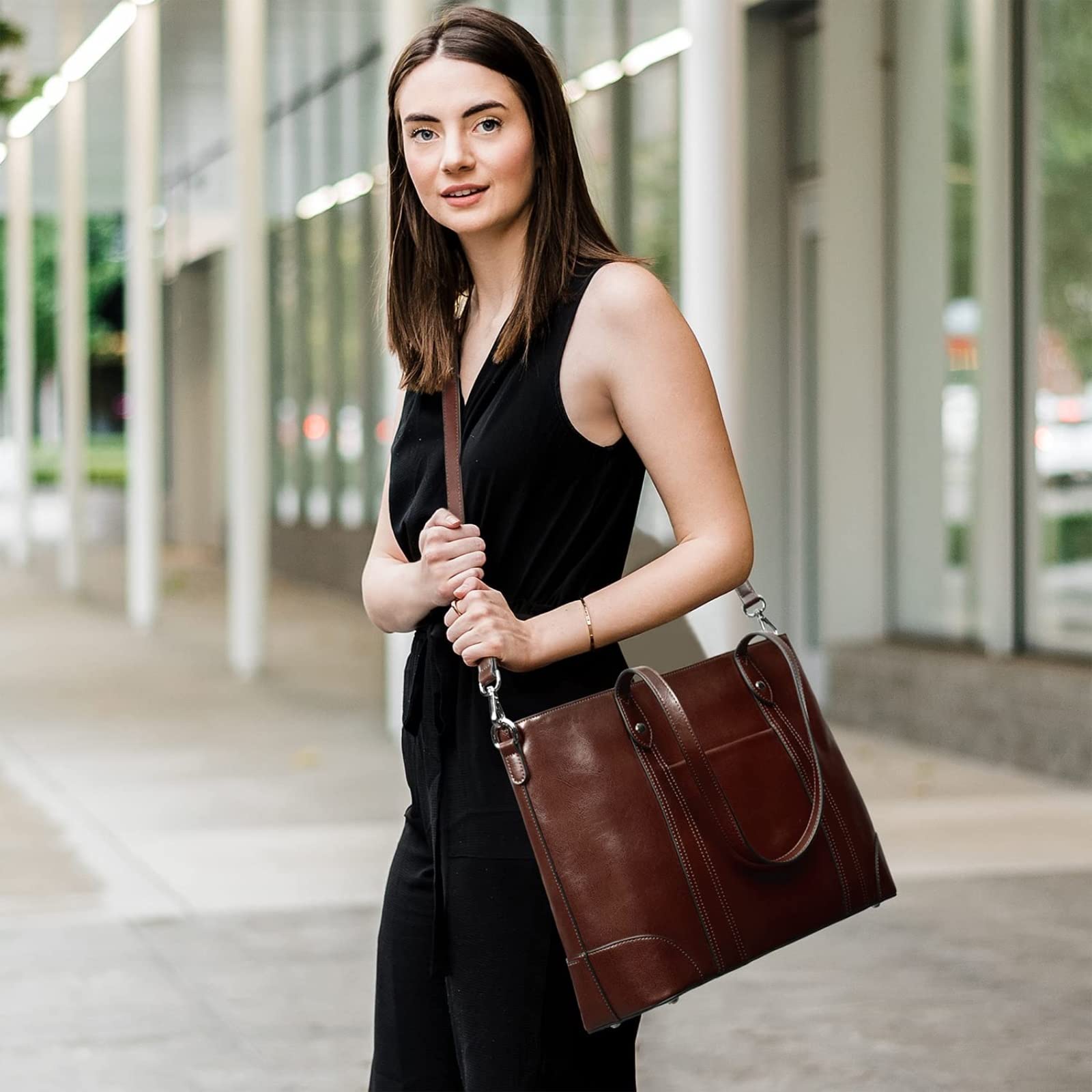 BONOCO 15.6 Inch Genuine Leather Laptop Bag for Women - Stylish Work Tote with Padded Compartment, Shoulder Bag & Business Briefcase (Coffee Brown) - Perfect for Office, Travel & Daily Commute