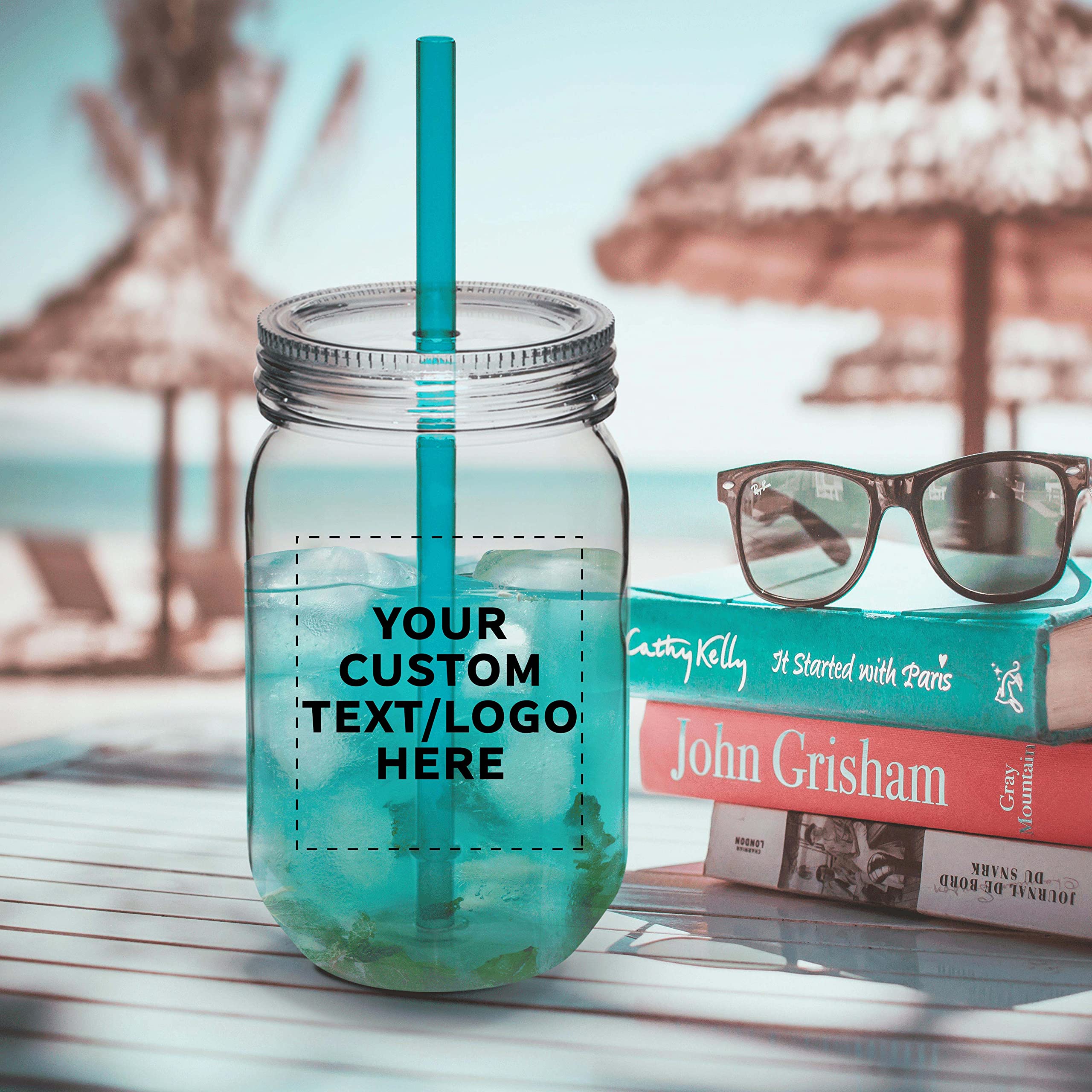 Custom 24 oz Plastic Mason Jars with Straws - Bulk Pack of 50 Personalized Drink Containers for Overnight Oats, Candies, Pickles & Beverages | Reusable BPA-Free Jars for Parties, Picnics, Meal Prep & Home Storage (Aqua Color)