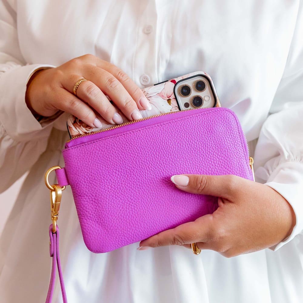 Premium Genuine Leather Phone Wallet Pouch with RFID Protection - Fuchsia Pink for Women | Slim Card Holder & Phone Case Combo | Perfect for Everyday Use, Travel, and Gift Giving
