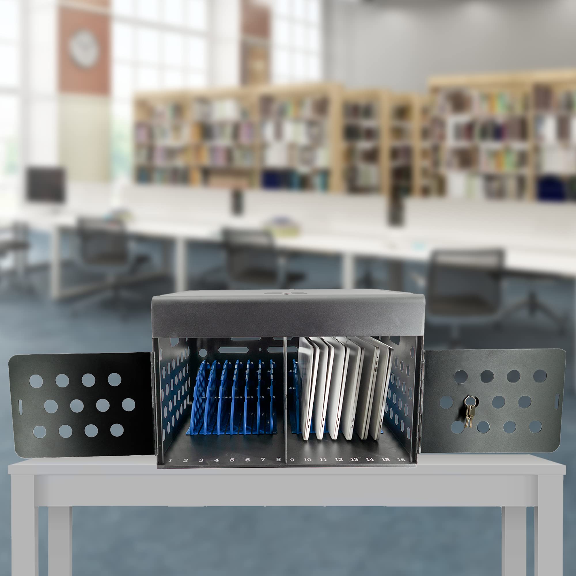 16-Device Locking Tablet Charging Station for Classroom - Secure Metal Charging Cart with Cable Management for Chromebooks, Tablets & Laptops (Black) | Ideal for Schools, Libraries & Office Charging Stations