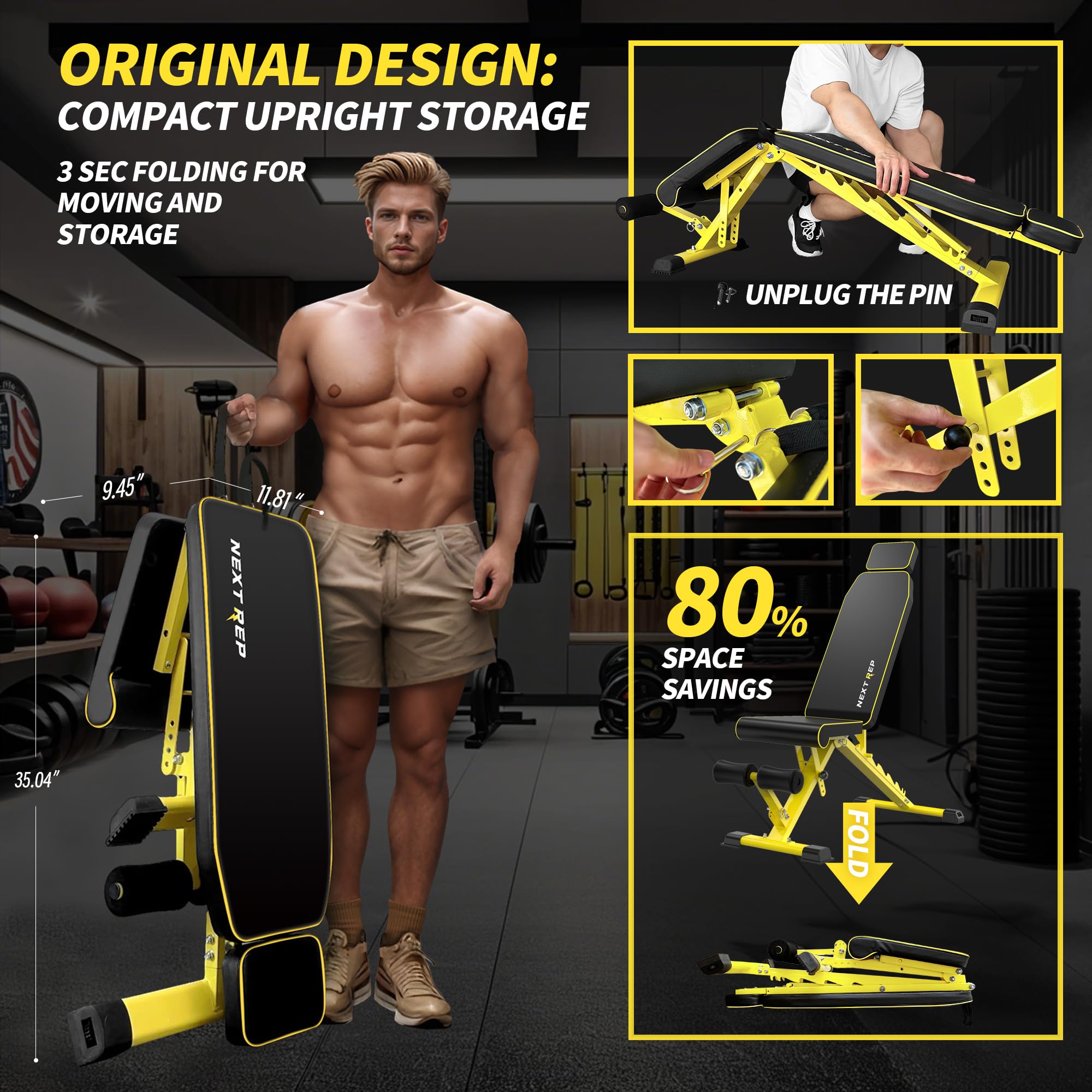 Adjustable Weight Bench 1000LB Capacity - Fast Folding Home Gym Workout Bench for Strength Training | Incline/Decline/Flat Utility Bench Press for Full Body Exercise | Compact Upright Storage | Ideal for Home Gym, Garage Workouts & Personal Training (Yellow)