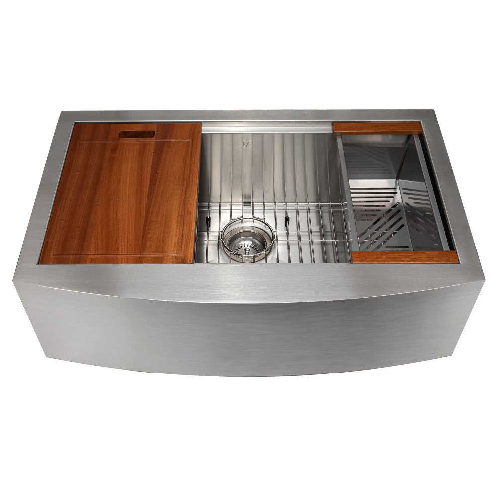 ZLINE Moritz 33-inch Farmhouse Apron Front Stainless Steel Kitchen Sink - Single Bowl Design with Bottom Grid & Accessories (SLSAP 33) - Perfect for Rustic & Modern Farmhouse Kitchens, Renovations & DIY Projects