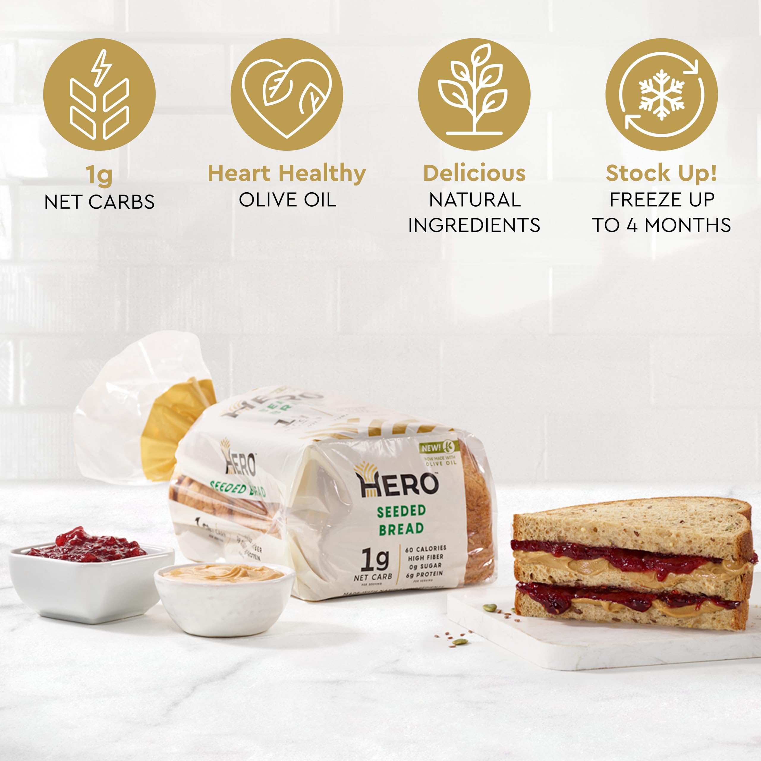 Hero Seeded Bread - Low Carb Keto Friendly Bread (1g Net Carb, 0g Sugar, 60 Calories, 12g Fiber per Slice) - 15 Slices per Loaf, Pack of 4 | Perfect for Sandwiches, Toast & Healthy Breakfasts