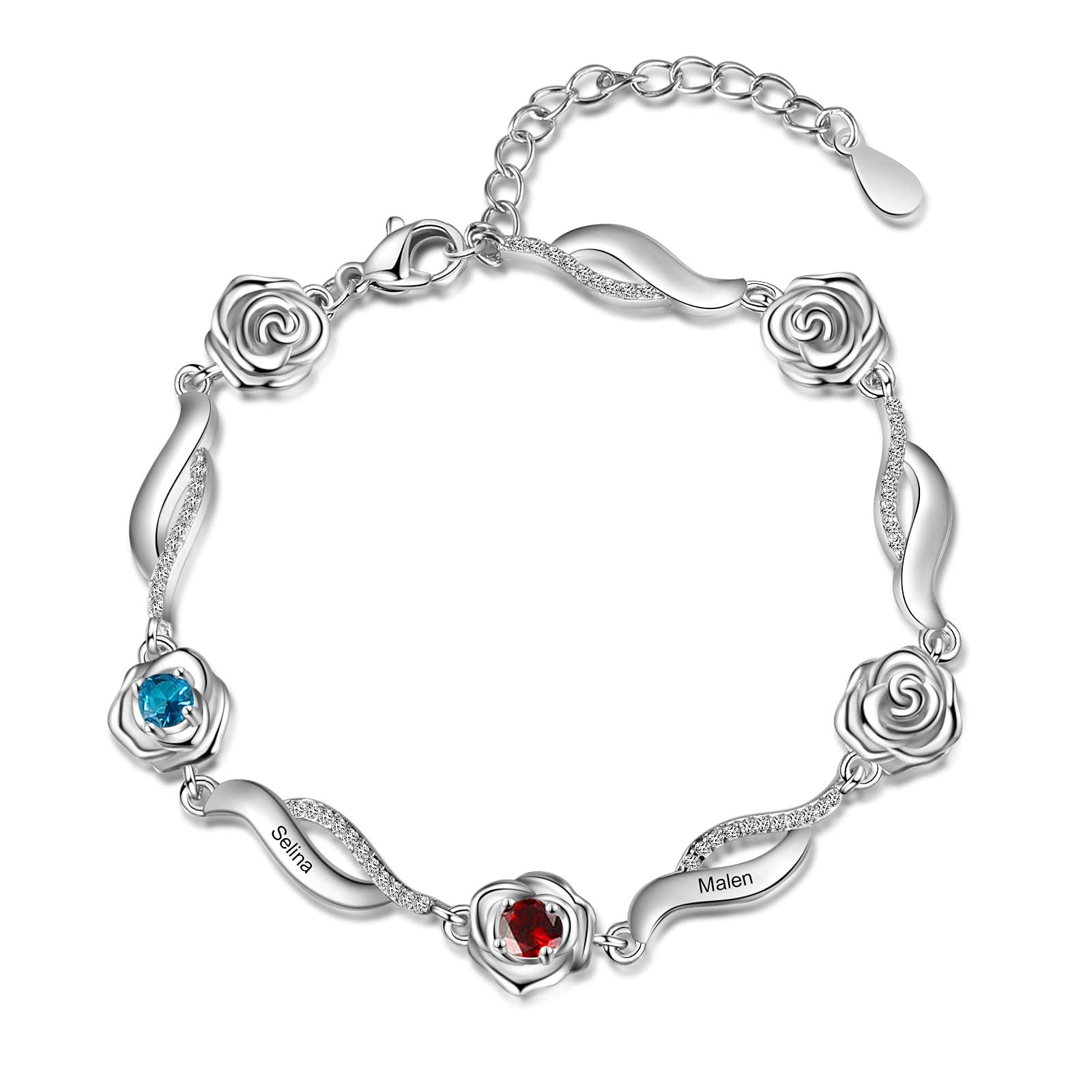 Personalized Rose Flower Link Bracelet for Women - Custom Engraved Name Bracelet with Simulated Birthstones, Adjustable Chain Jewelry Gift for Birthday, Valentine's Day, Anniversary | Romantic Gift for Her, Wedding Party Accessory, Mother's Day Present