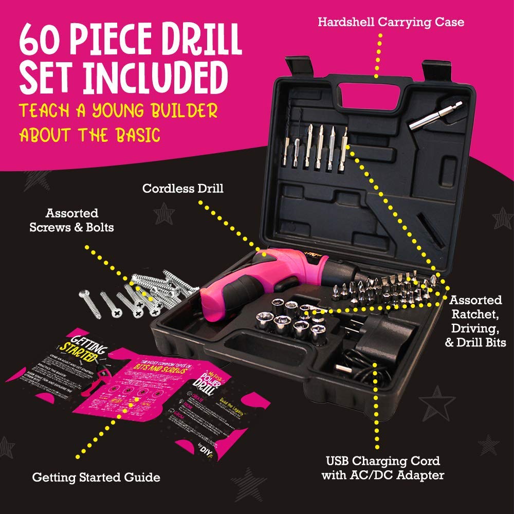 My First Power Drill for Kids - 60-Piece Rechargeable Cordless Pink Drill Set with LED Light & Carrying Case - STEM Learning & Construction Toy for Girls & Boys - Perfect for DIY Projects, Home Repairs & Pretend Play