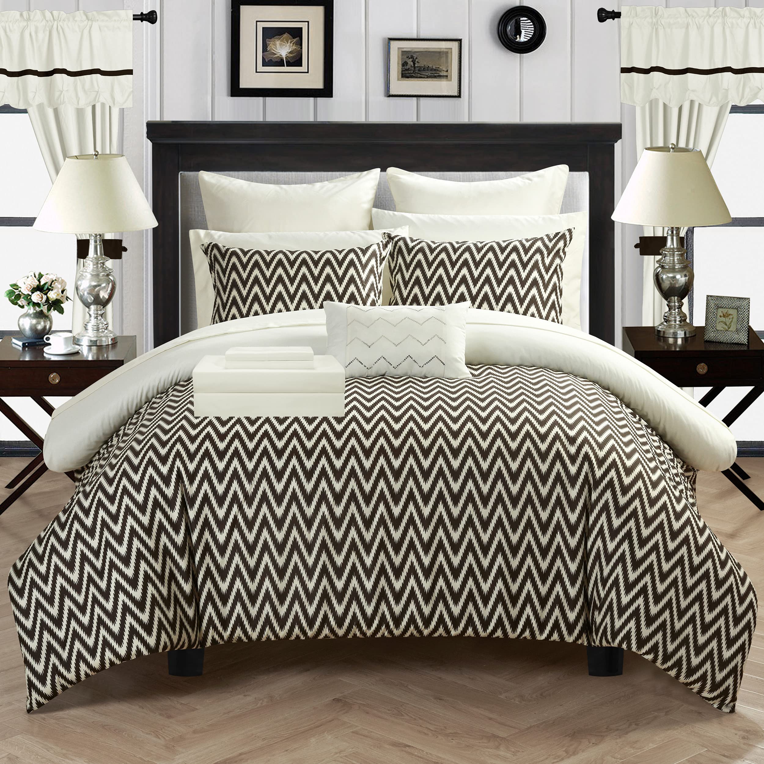 Chic Home 20-Piece Jacksonville Queen Size Bedding Set in Beige - Luxury Soft Bed Sheets & Comforter Set for Master Bedroom or Guest Room