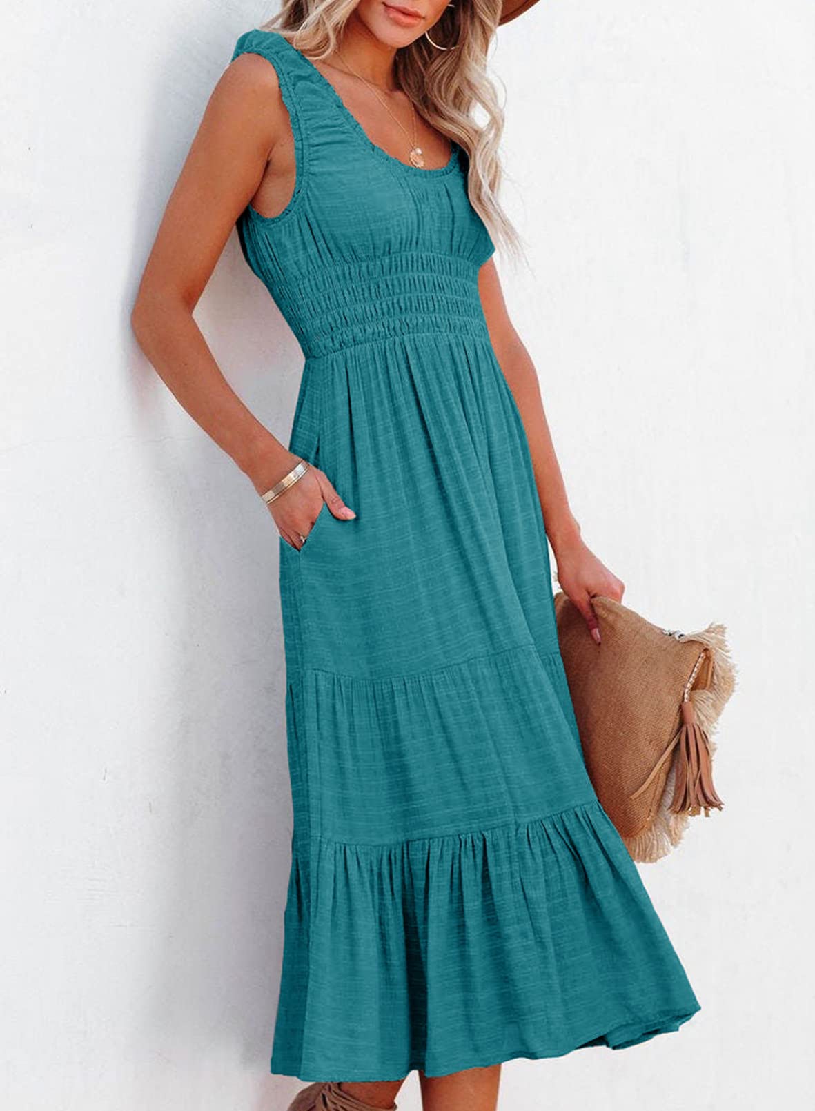 AlvaQ Women's Summer Sleeveless Smocked Midi Dress - High Waist A-Line Sundress with Pockets | Casual Tiered Flowy Dress for Beach, Vacation & Everyday Wear