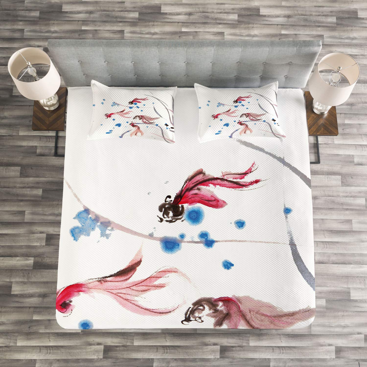 Ambesonne Ethnic Bedspread Set - Chinese Traditional Ink Painting Koi Fish Design - 3 Piece Decorative Bedding Coverlet with 2 Pillow Shams - King Size Red and Blue - Perfect for Asian-Themed Bedroom Decor, Zen Home Styling and Cultural Interior Design