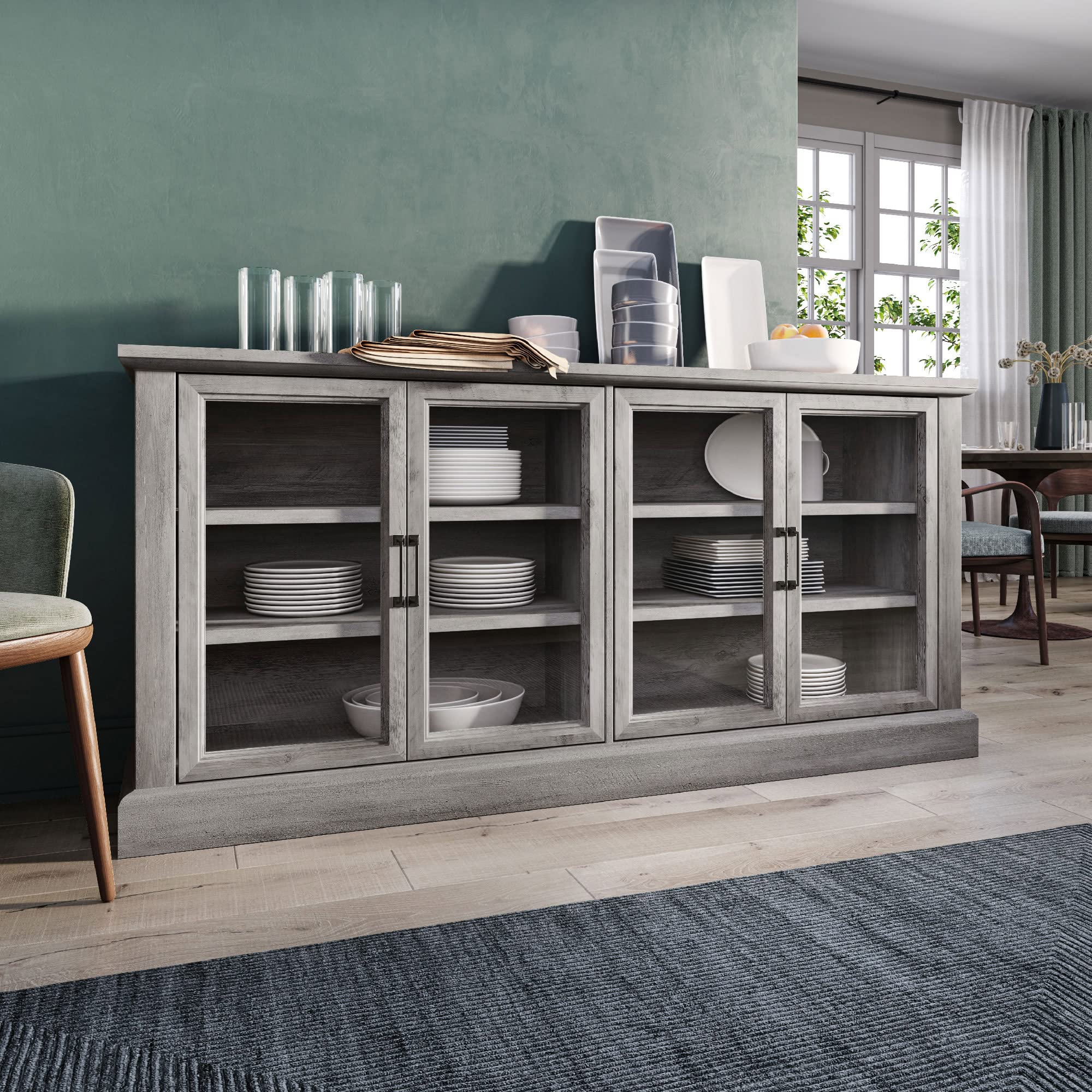BELLEZE 70 Inch Sideboard Buffet Cabinet with Glass Doors & Adjustable Shelves - Modern Storage Entertainment Center for Living Room, Dining Room - Gray Wash Finish | Perfect for Displaying Collectibles, Storing Dishes & Organizing Home Decor