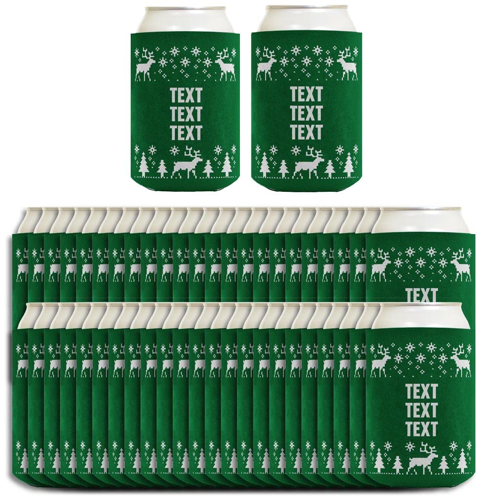 Custom Name or Date Christmas Party Favors - 48-Pack Personalized Can Coolers & Drink Sleeves (Green) | Perfect for Holiday Parties, Office Events & Family Gatherings
