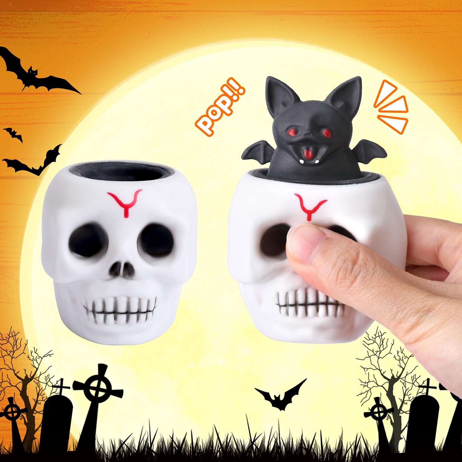12 Pack Halloween Skull Squishy Toys - Stress Relief Stretchy Fidget Toys for Kids & Adults, Sensory Ghost Toys for Halloween Party Decorations, Trick or Treat Gifts, Office Desk & Anxiety Relief (Halloween Party, Classroom, Gift Basket)