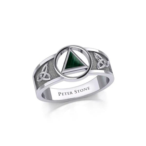 Celtic Trinity Knot Sterling Silver Ring with Inlaid Recovery Symbol - Elegant Irish Jewelry for Women, Men - Perfect for Weddings, Anniversaries & Spiritual Healing