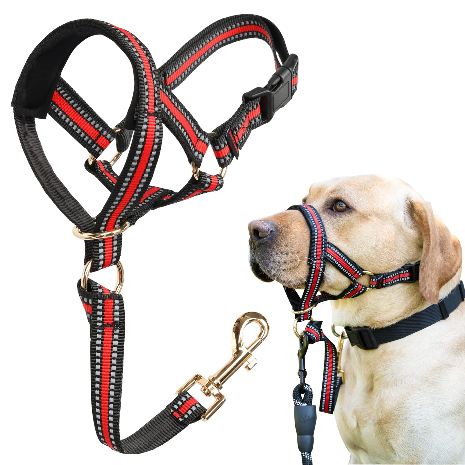 No Pull Dog Muzzle Leash for Aggressive Large Dogs - Adjustable Head Halter Harness to Stop Pulling & Choking (XL, Red) - Perfect for Walks, Training & Controlling Strong Pullers Safely