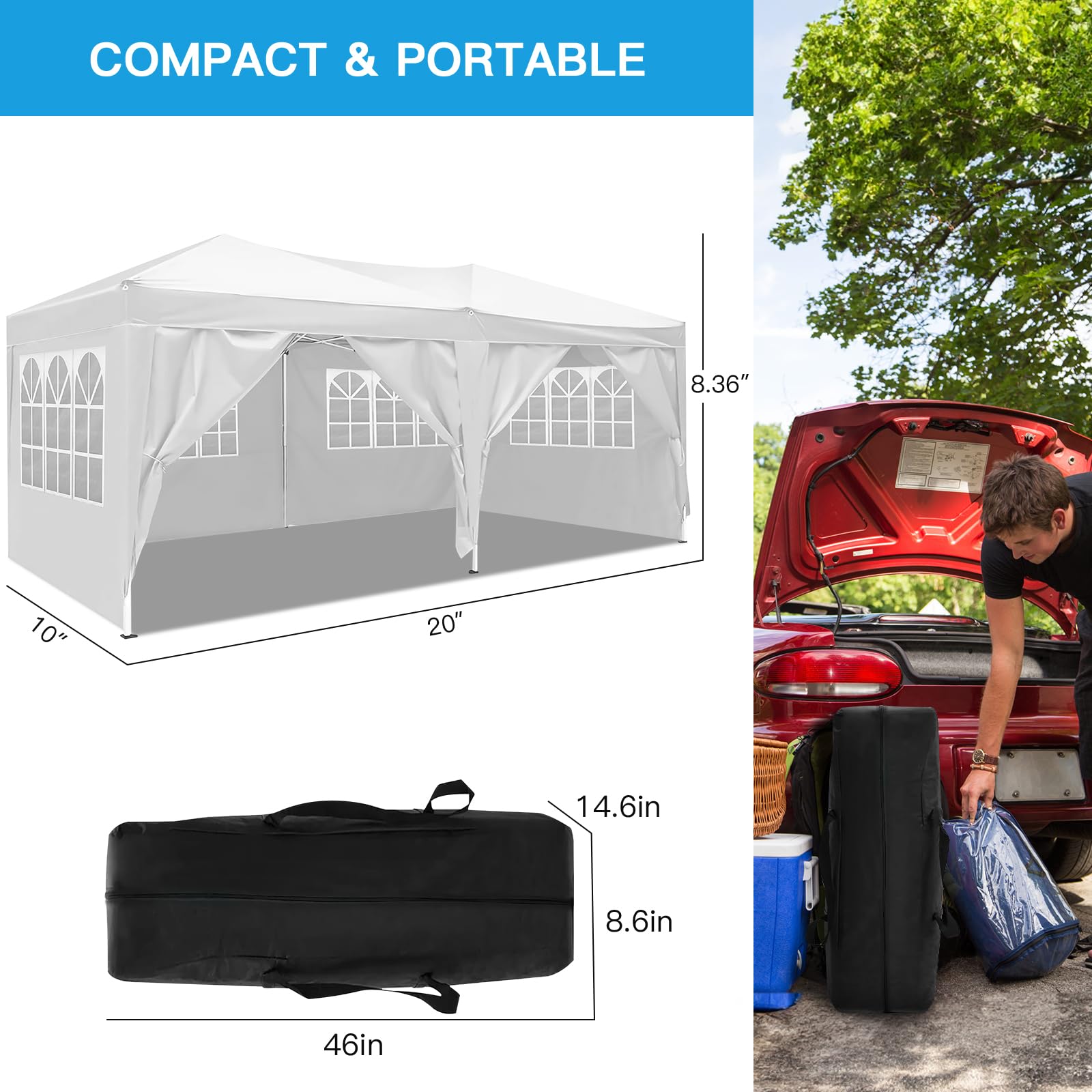 Rovibek 10x20 Pop Up Canopy Tent - Water Resistant Instant Shelter with Sandbags & Storage Bag for Outdoor Parties, Camping, Beach, BBQ, and Backyard Events - White