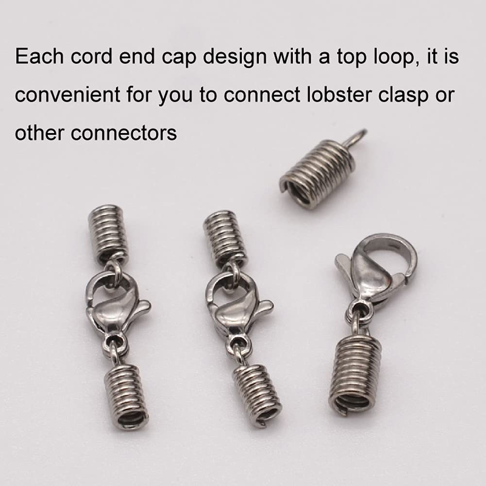 100-Piece Stainless Steel Spring Cord End Caps - 4mm Hole Spring Tube Coil Tips for DIY Jewelry Making, Leather Crafting & Beading Projects - Durable Metal Terminators for Bracelets, Necklaces & Keychains