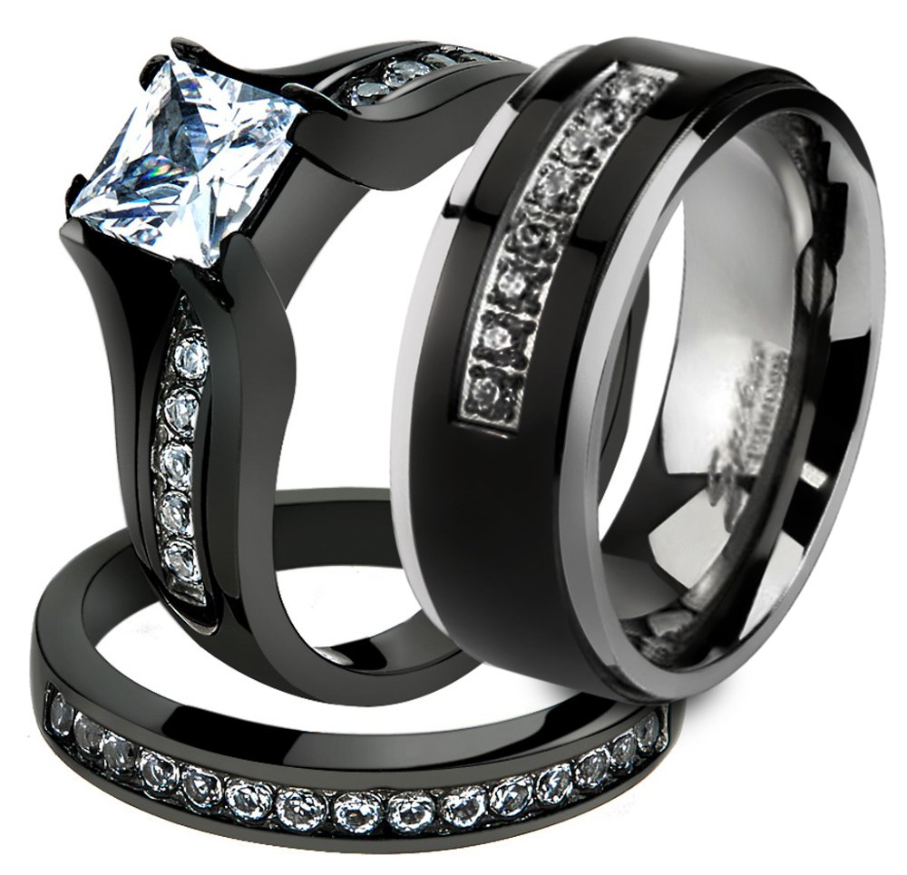 Black Stainless Steel Wedding Rings Set for Couples - Her & His Matching Bands for Engagement & Ceremony