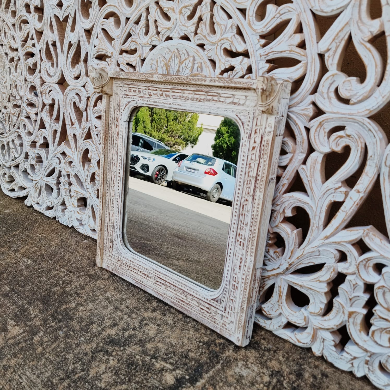 Hand Carved Indian Solid Wood Wall Mirror with Horse Face Design - Rustic Decor 24.2