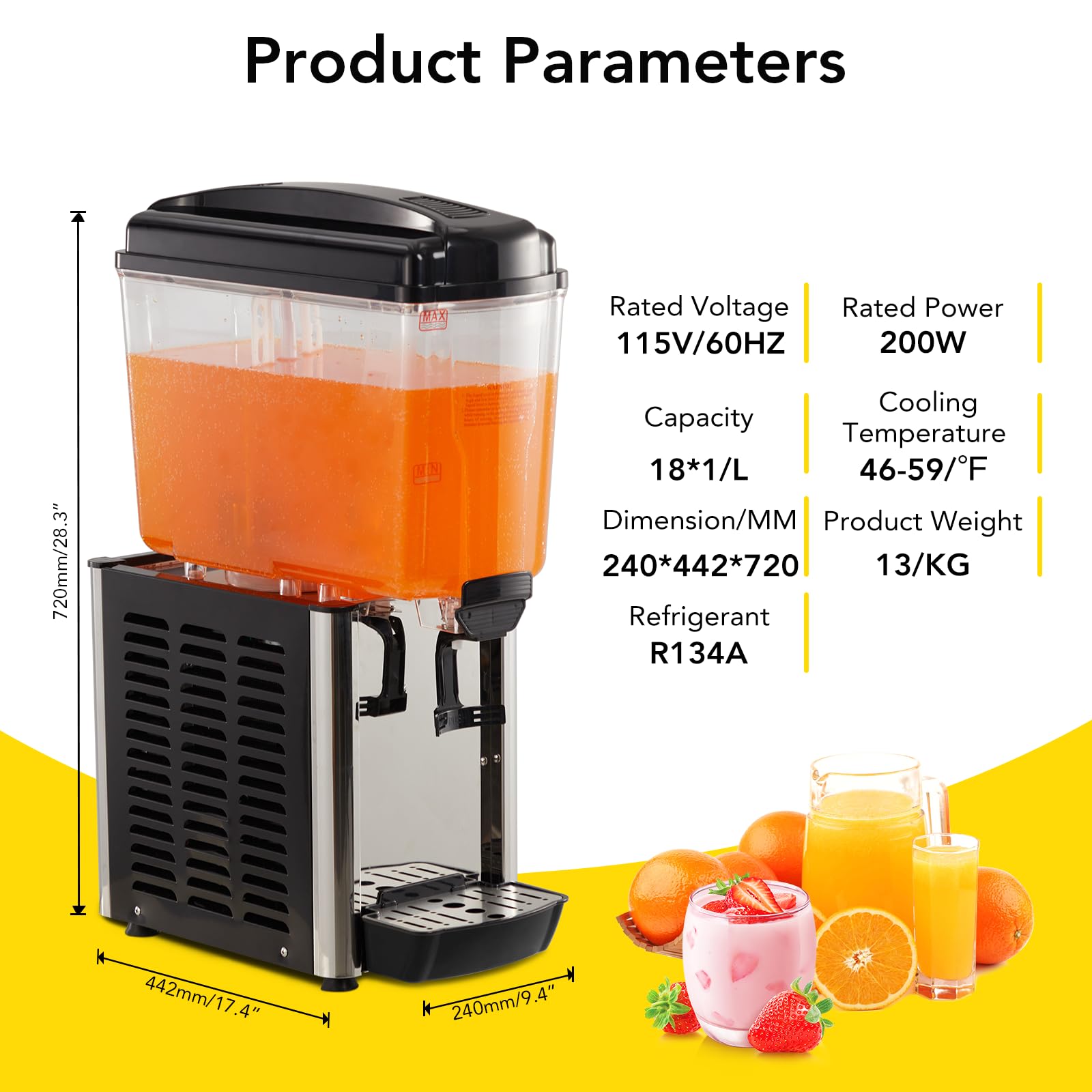 4.8 Gallon Commercial Beverage Dispenser - Stainless Steel Food Grade Drink Dispenser with Thermostat Controller for Slushy, Cold Drinks - Perfect for Restaurants, Hotels, Parties & Events