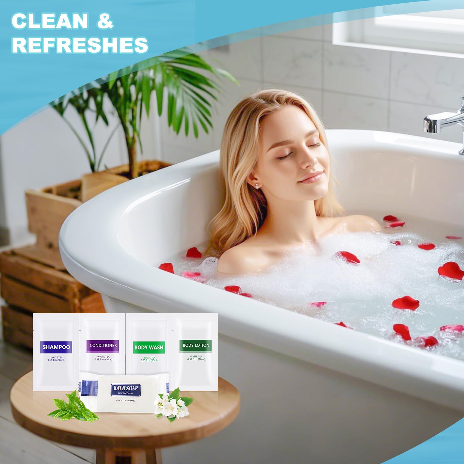 5-in-1 Travel Toiletries Bulk Set (50 Pcs) - 10x Body Wash, 10x Shampoo, 10x Conditioner, 10x Lotion, 10x Bar Soap - Mini Hotel Amenities for Guests, Travel, Vacation & Hospitality Supplies