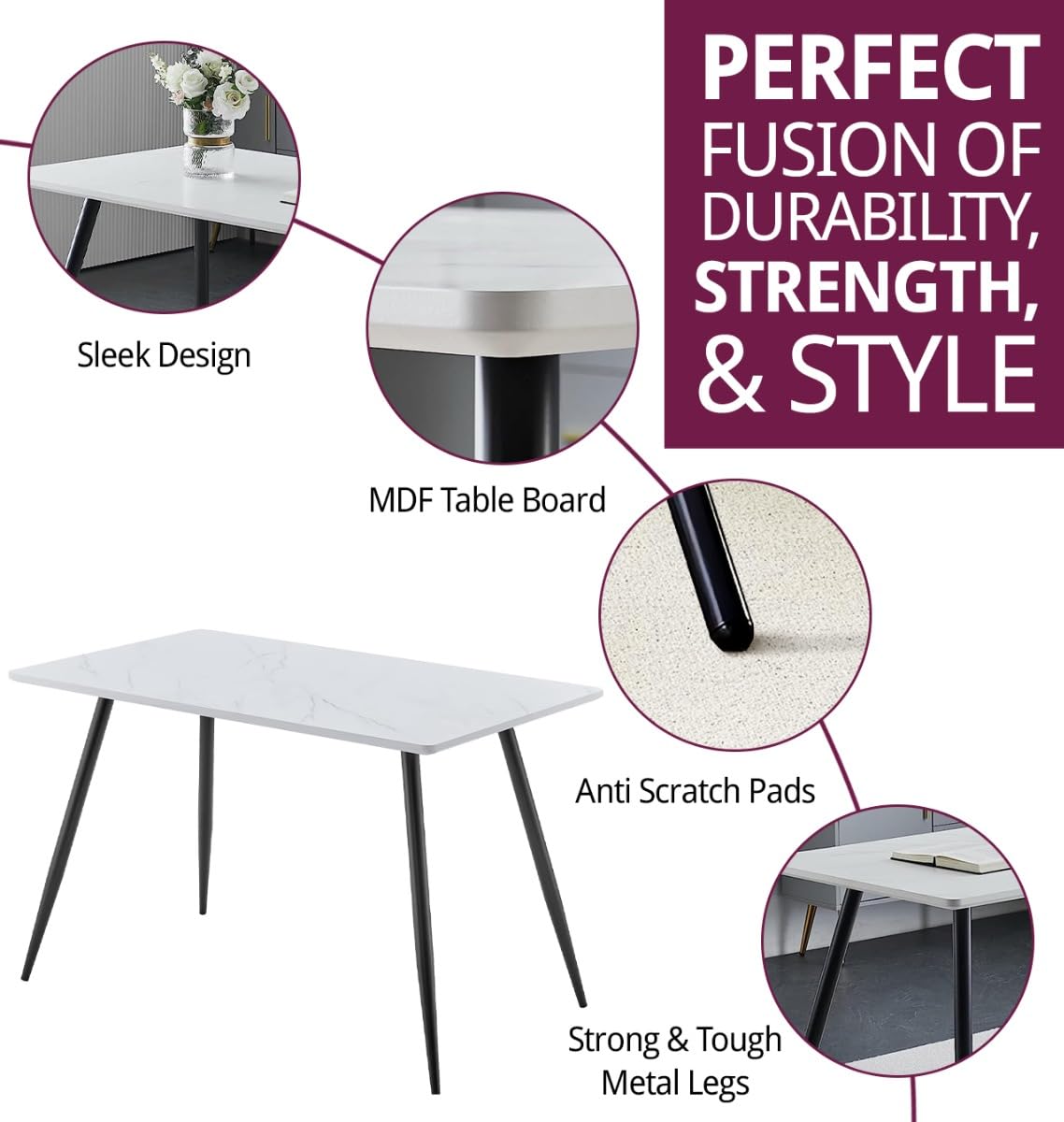 Hallowood Furniture Cullompton Small Rectangular Dining Table - White Marble Effect Top with Black Legs, 4-6 Seater Kitchen Table for Home & Café (47x28 Inches) - Perfect for Small Spaces, Breakfast Nooks & Bistro Dining