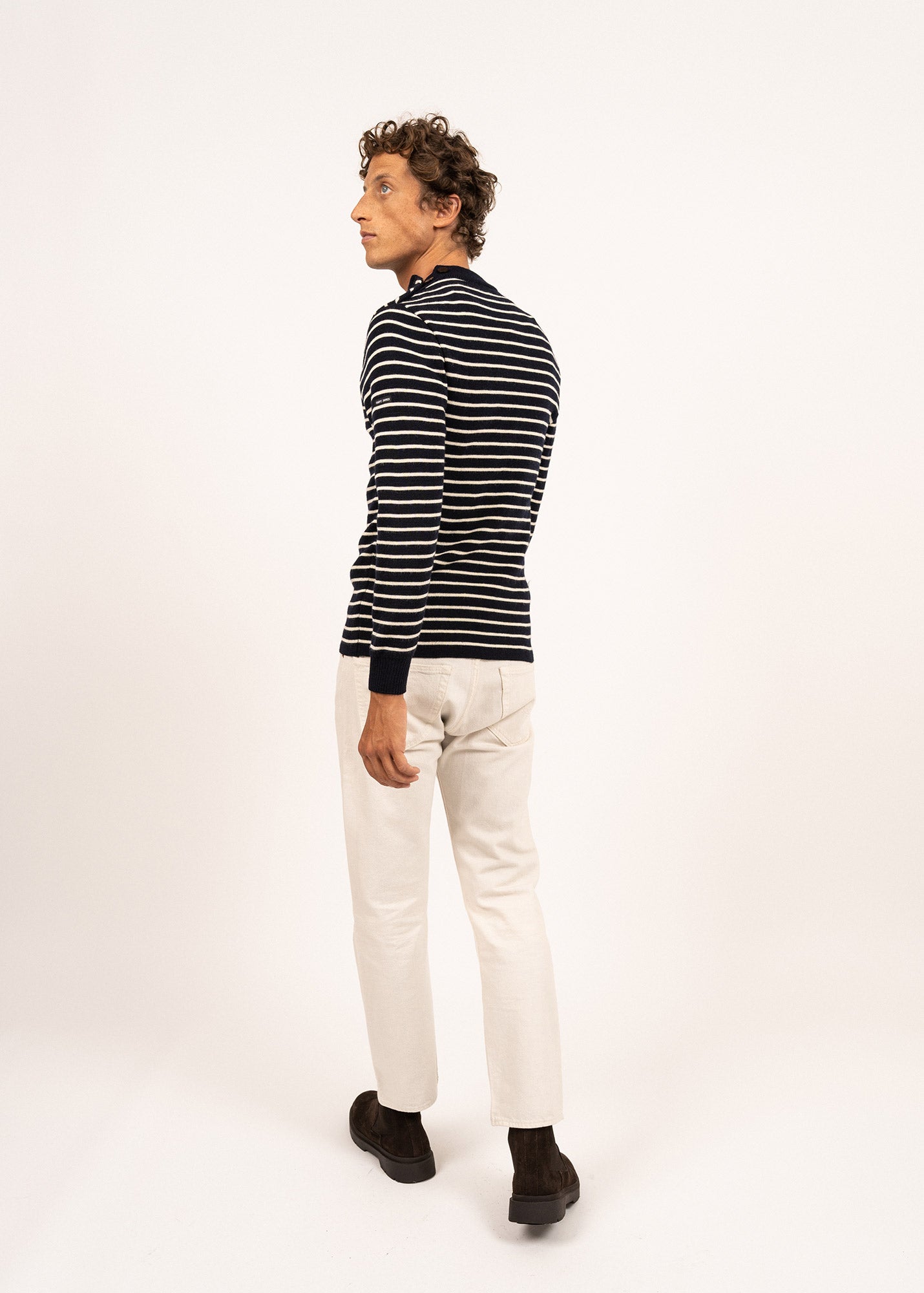Authentic Striped Wool Fisherman Sweater for Men & Women | Slim Fit Button Shoulder Pullover | Warm Winter Knitwear (Navy/Ecru) | Perfect for Casual Outings, Outdoor Adventures & Cozy Layering