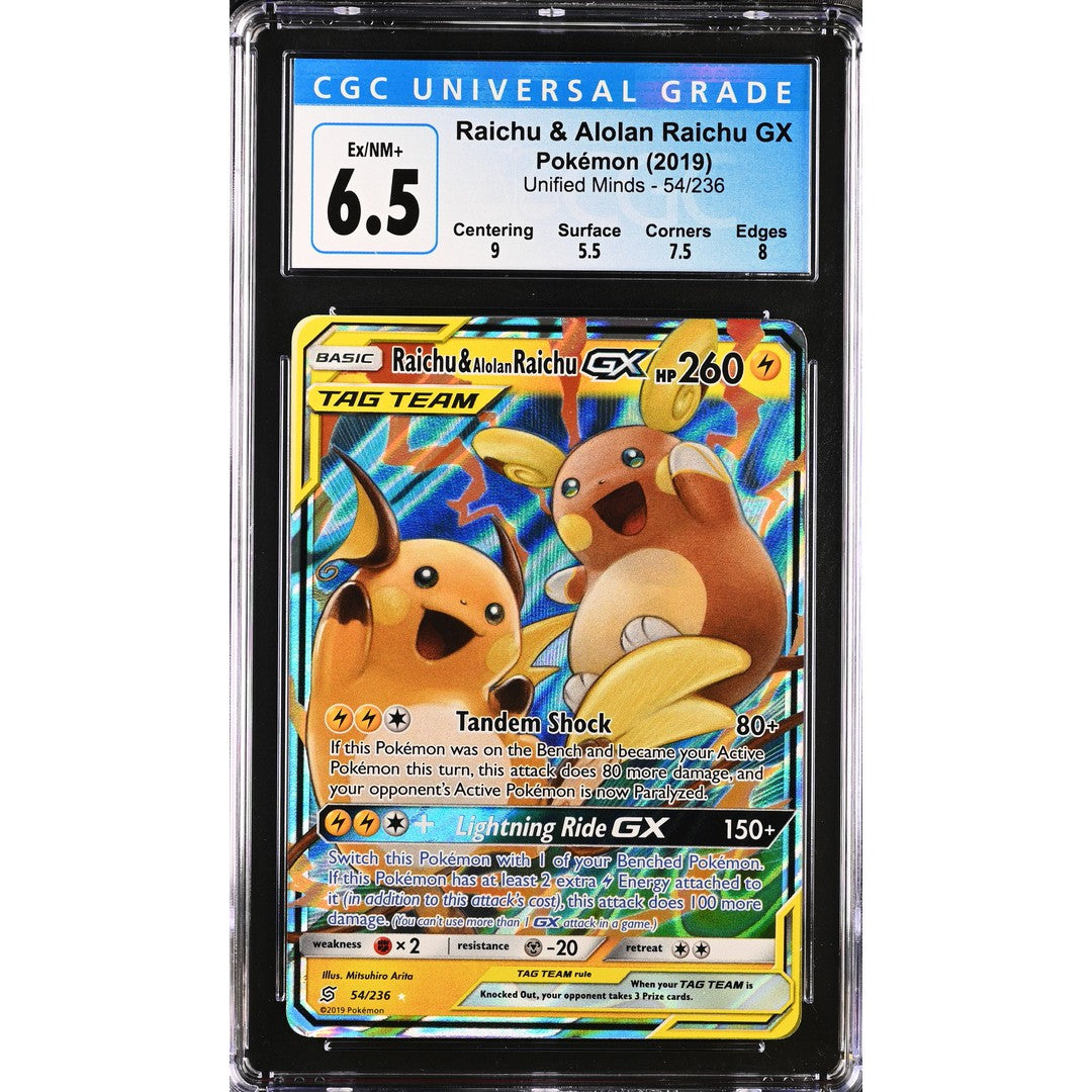 2019 Pokemon Unified Minds Raichu & Alolan Raichu GX CGC 6.5 Graded Card - Rare Collectible for Pokemon TCG Players & Fans | Perfect for Gaming, Trading & Display