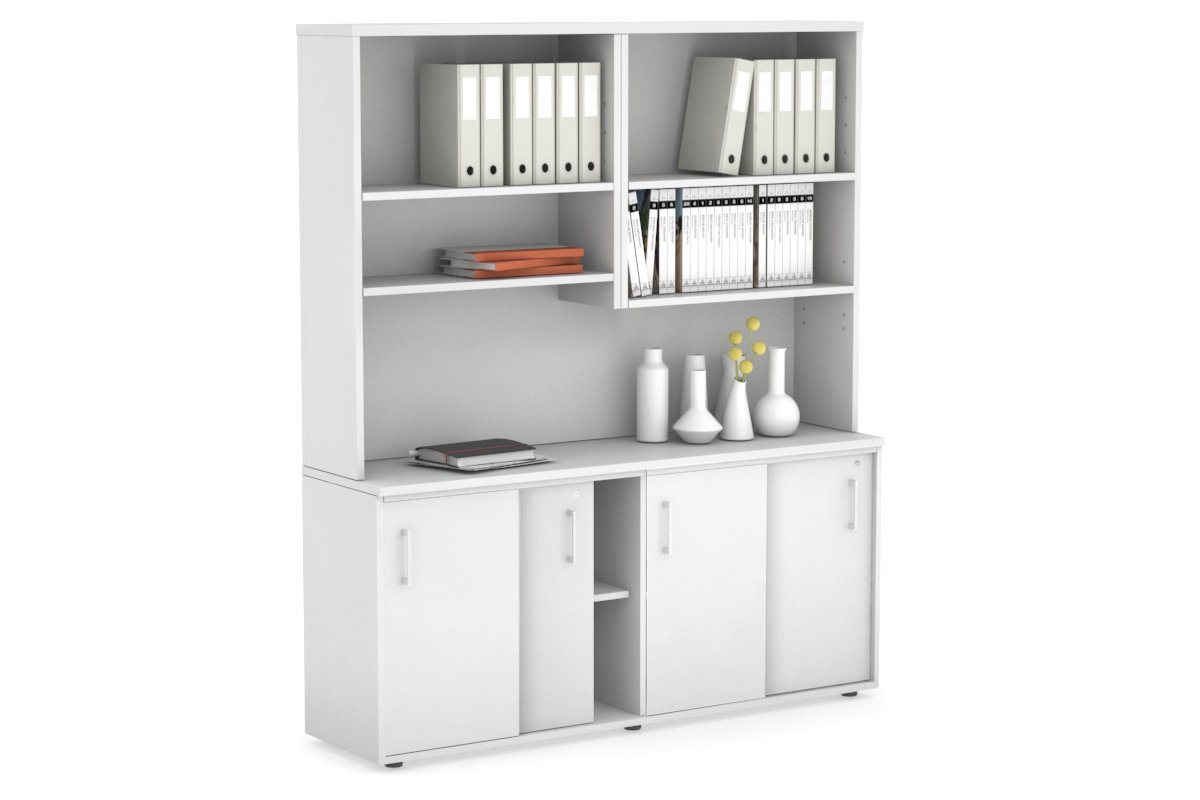 Modern White Sliding Door Credenza with Open Hutch - 1600W x 750H x 450D - Perfect for Home Office, Living Room & Bedroom Storage Organization