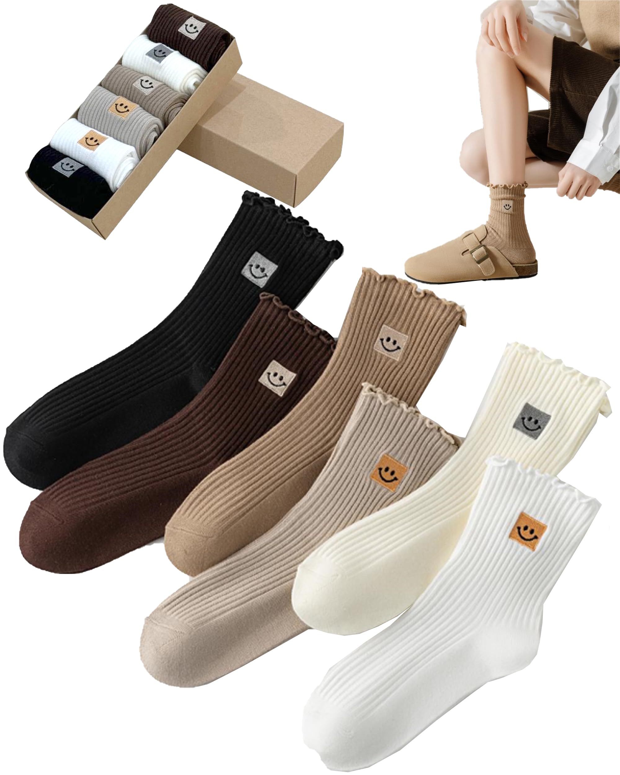 Funny Women's Ruffle Ankle Socks 6-Pack with Smiling Face Embroidery - Perfect Gift for Her