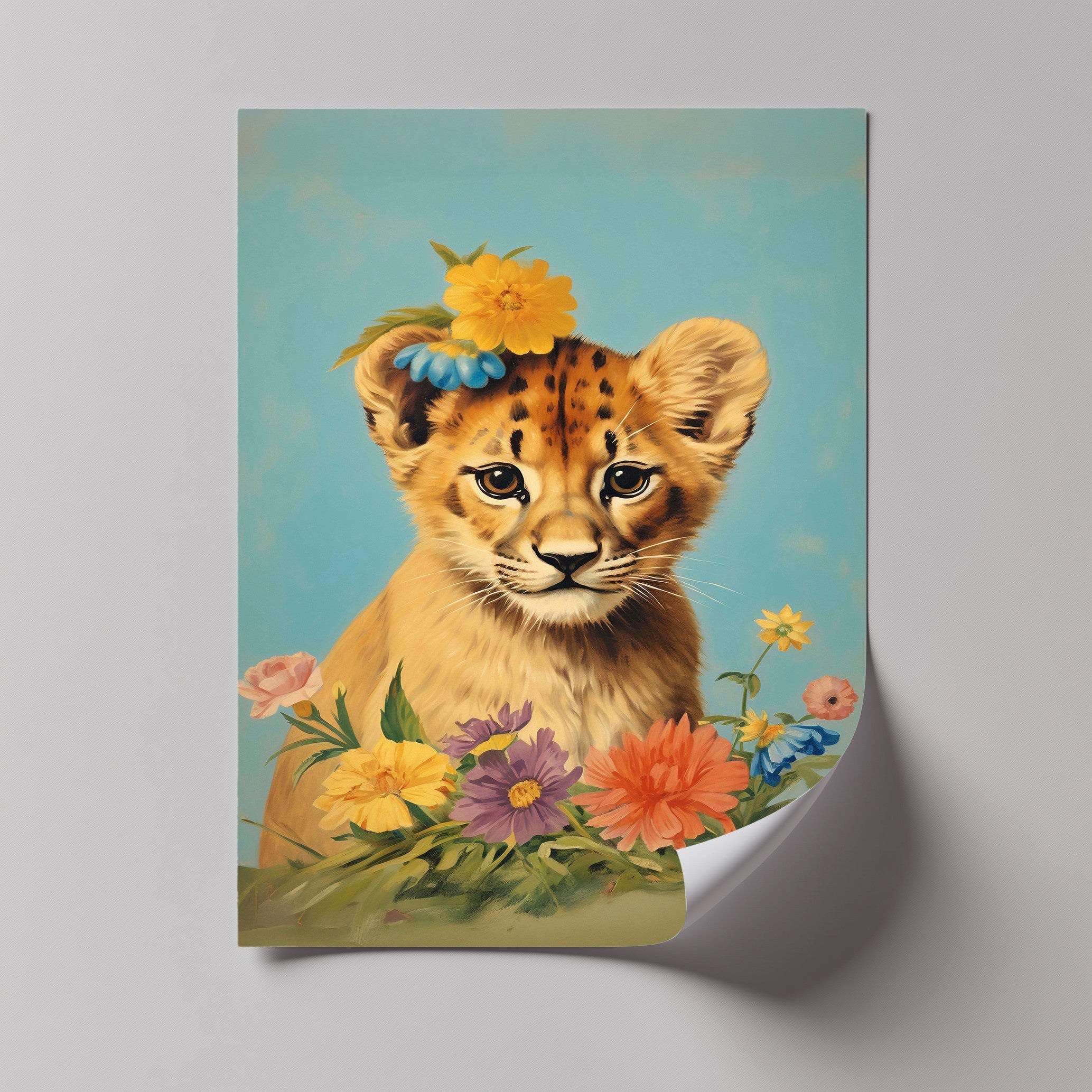 Blossom Crowned Cub - Animal Canvas Print Wall Art for Nursery, Kids Room & Home Decor | Unique Wildlife Painting for Bedroom, Living Room & Office