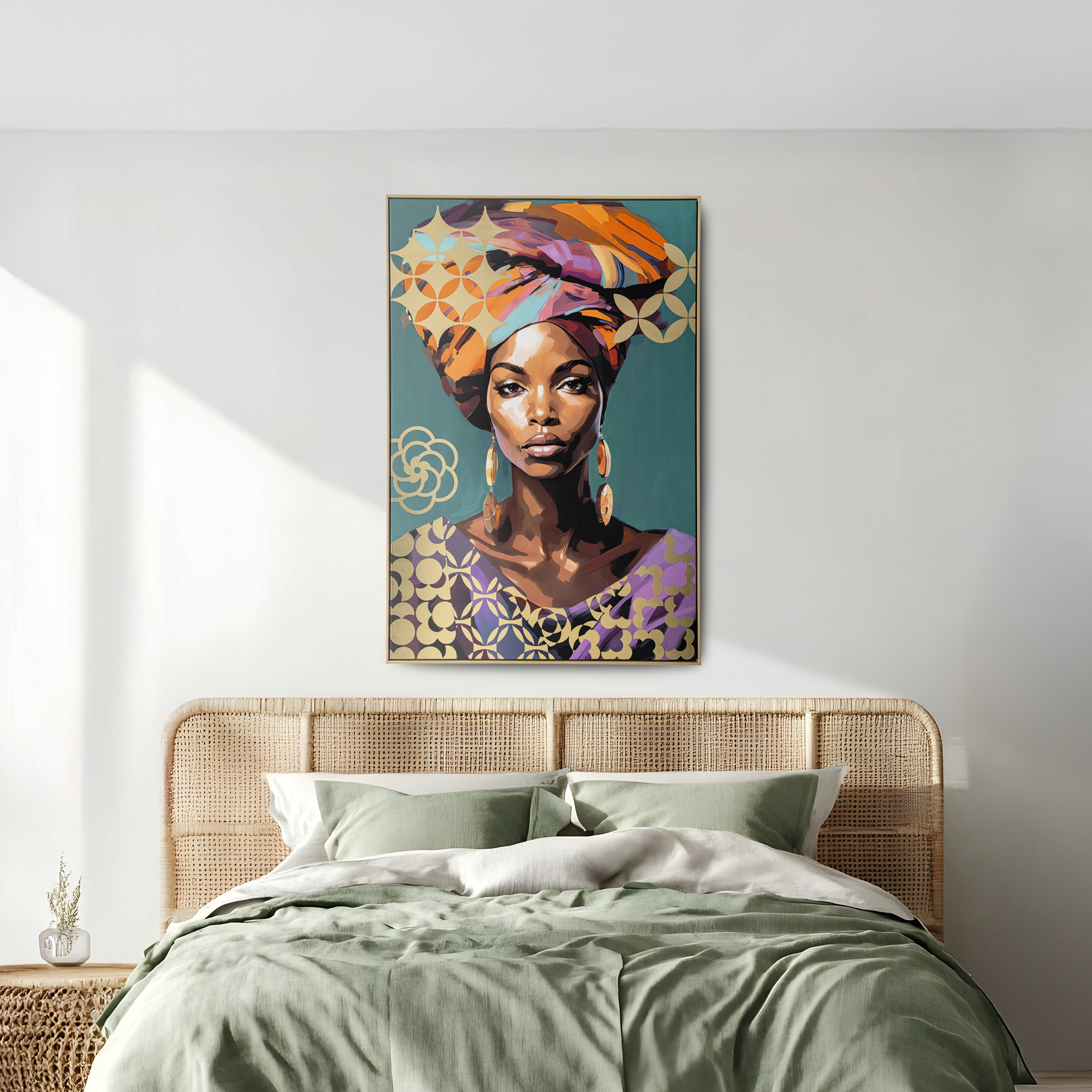 Urban Style Brushmarks Foiled Canvas African Woman Teal Wall Art - Handmade Home Decor for Living Room, Bedroom & Office
