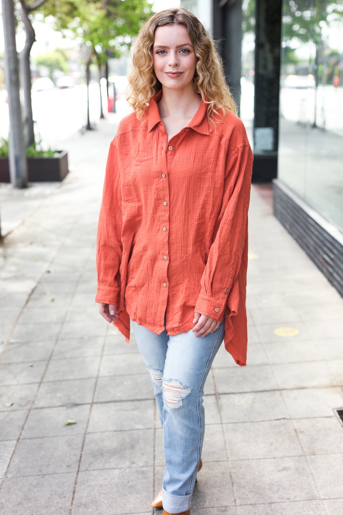Stylish Rust Button Down Sharkbite Cotton Tunic Top for Women | Comfortable Everyday Wear | Perfect for Office, Casual Outings & Date Nights