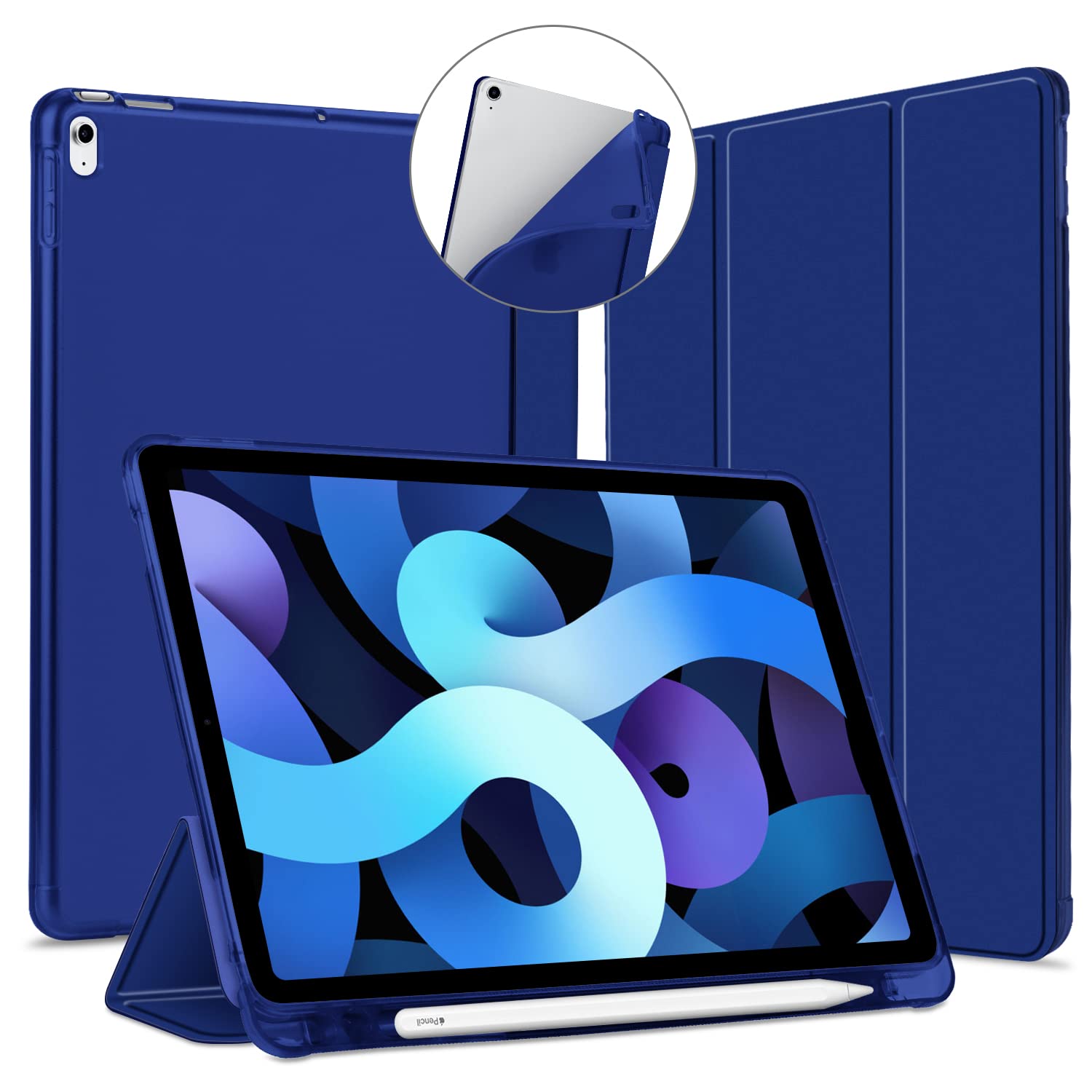 ExuCase iPad Air 5th Gen (2022) & iPad Air 4th Gen (2020) 10.9 Inch Protective Case with Pencil Holder - Tri-fold Smart Cover with Auto Sleep/Wake Feature, Flexible Soft TPU Back Cover (Dark Blue) - Perfect for Work, School & Travel Protection
