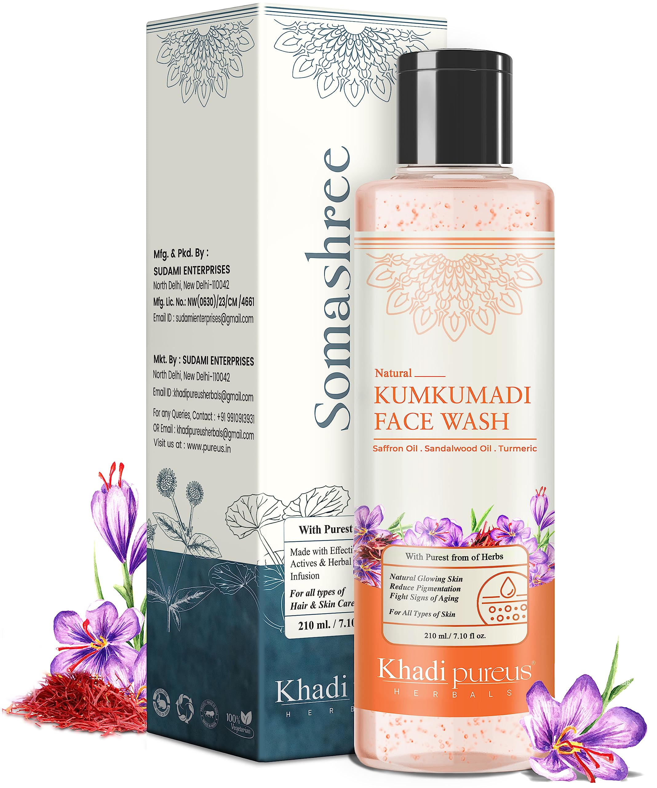 Khadi Pureus Herbal Somashree Kumkumadi Face Wash for Natural Glowing Skin - Reduces Pigmentation & Fights Aging Signs | Ayurvedic Cleanser for Women & Men (210ml) | Perfect for Daily Skincare Routine & Brightening Dull Complexion