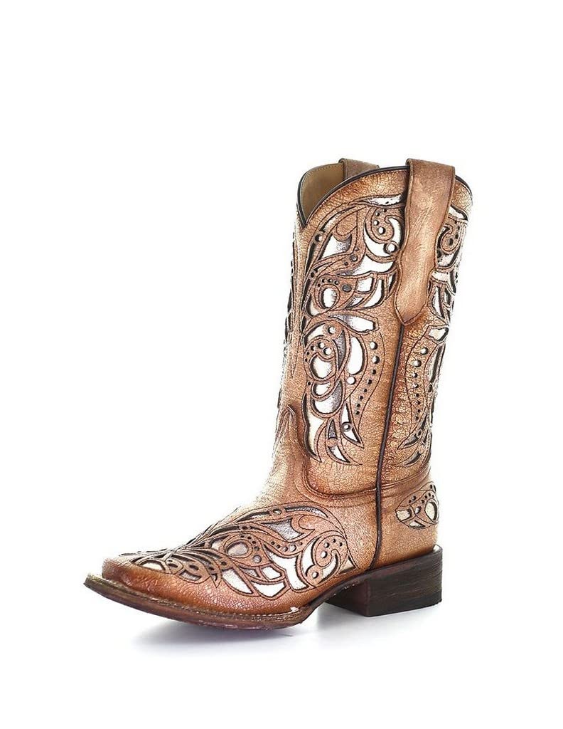 Best Kids Cowgirl Boots - Tan Shiny Corral Boots with Square Toe & Inlay Design | Perfect for Rodeo, Western Parties & Country Fashion