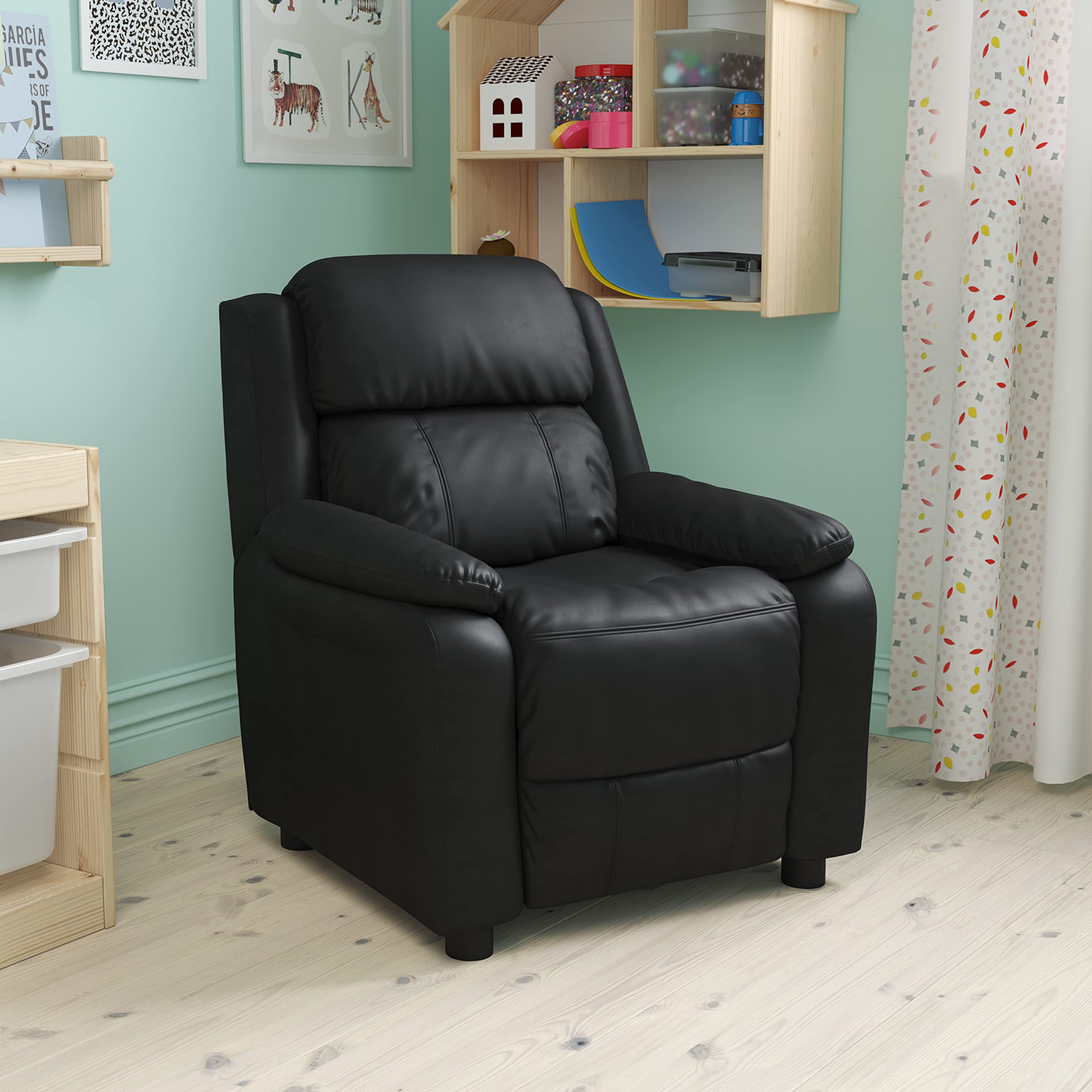 BizChair Deluxe Padded Black LeatherSoft Kids Recliner Chair with Storage Arms - Comfortable Children's Lounge Chair for Bedroom, Playroom & Movie Nights