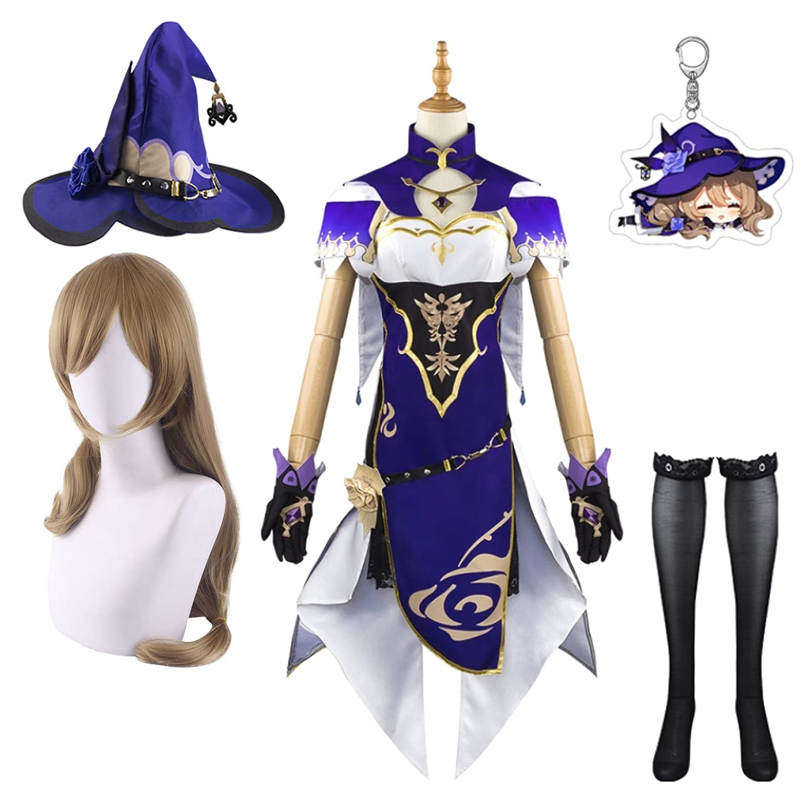 MPHX Lisa Cosplay Costume Set with Wig and Keychain Accessories - Perfect for Genshin Impact Game Conventions, Halloween, and Anime Events