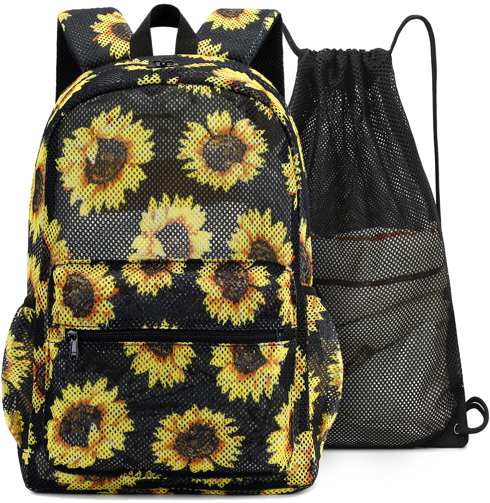 Bluboon Mesh Backpack for Girls & Kids - Transparent School Bookbag with Drawstring Bag, Lightweight Daypack for Beach, Pool, Gym & Travel - Breathable Semi-See Through Backpack for School Supplies & Swim Gear
