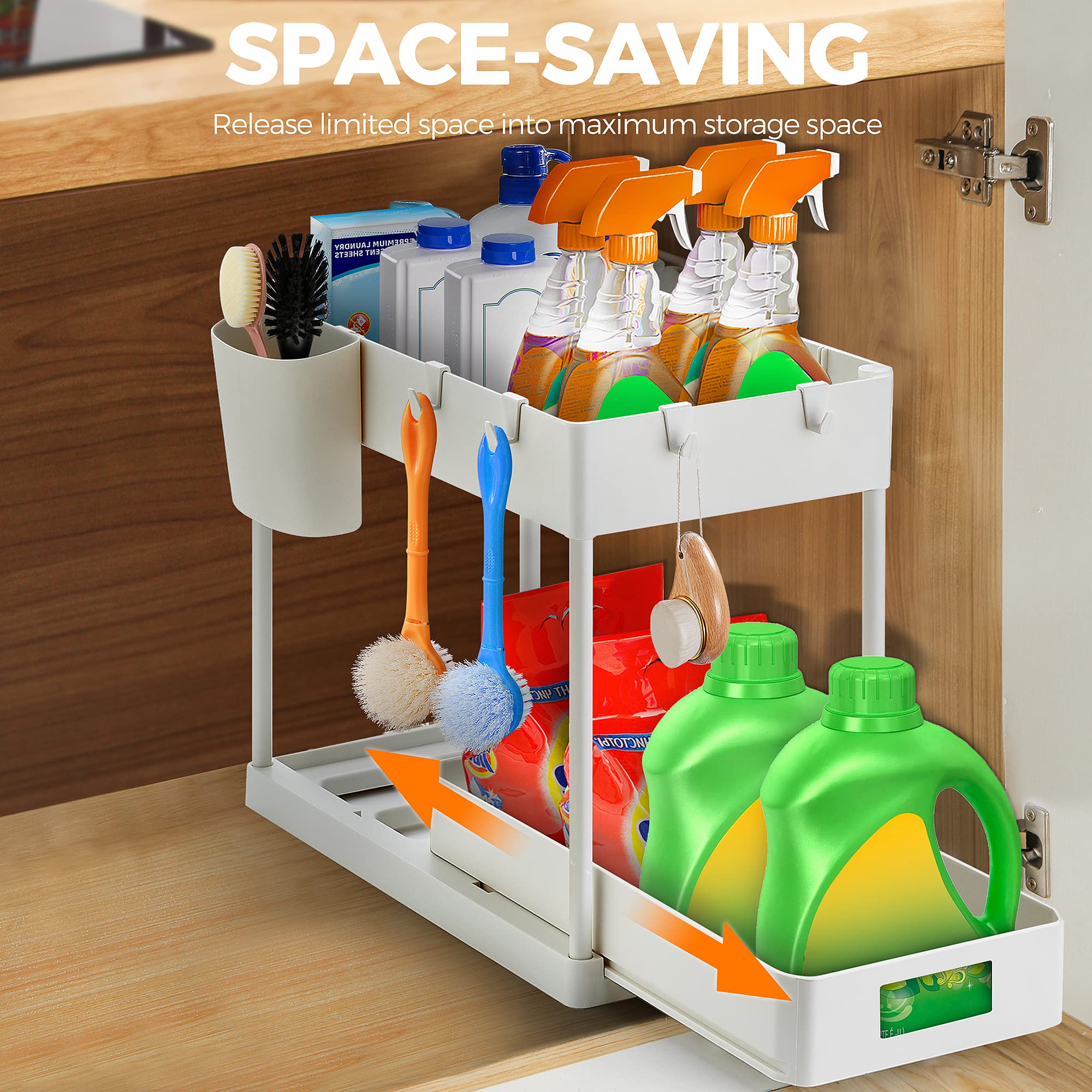Ravinte 2-Tier Pull Out Under Sink Organizer with Hooks & Hanging Cup - White Sliding Cabinet Storage for Bathroom & Kitchen - Perfect for Maximizing Space Under Sink, Organizing Cleaning Supplies & Beauty Products