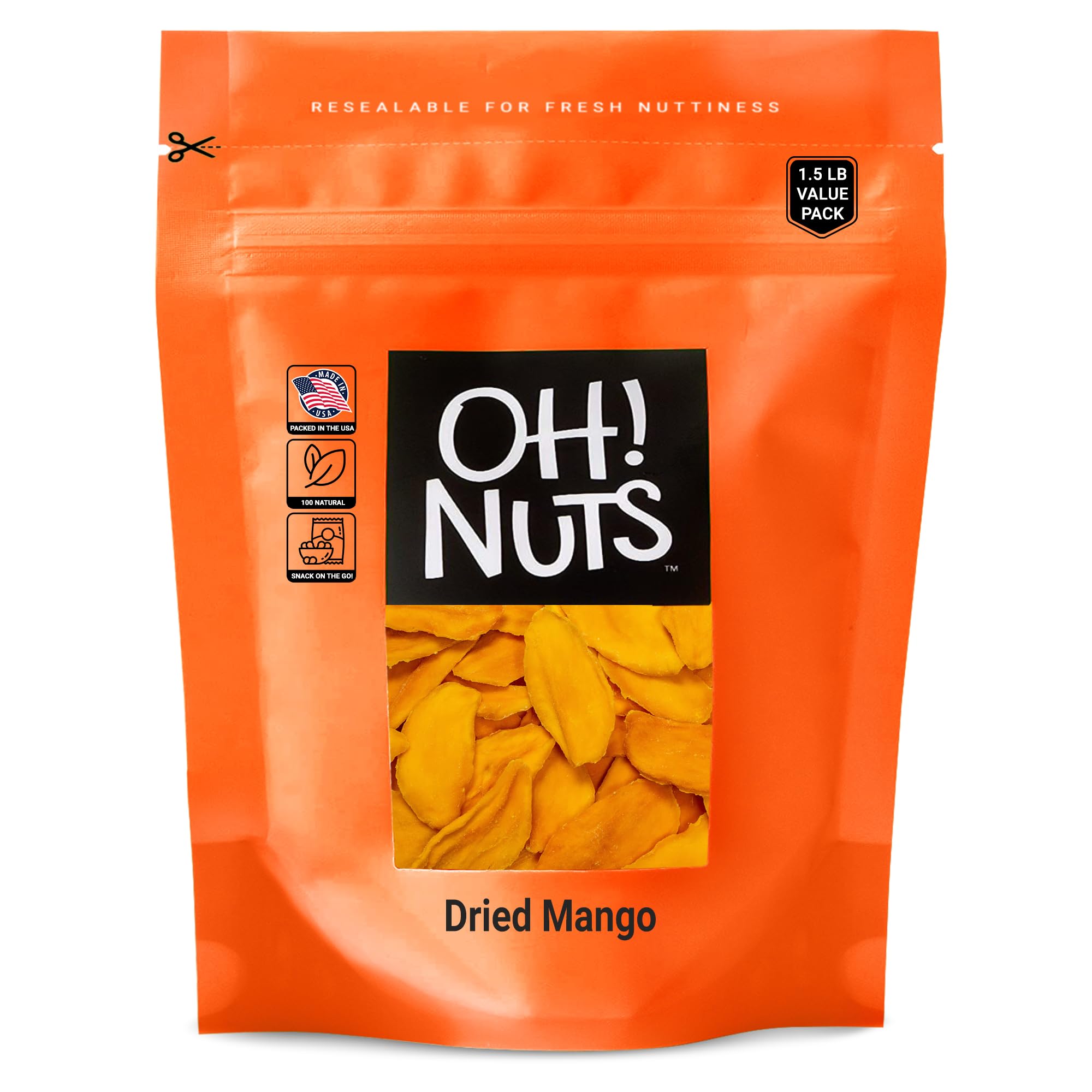 Oh! Nuts Dried Mango Slices - 1 LB Bag of Dehydrated Fruit Snacks - All Natural, No Sugar Added - Perfect for Healthy Snacking, Trail Mix & Baking - Packed in Resealable Zip Bag for Freshness - Great for Office, Hiking & Kids Lunch Boxes