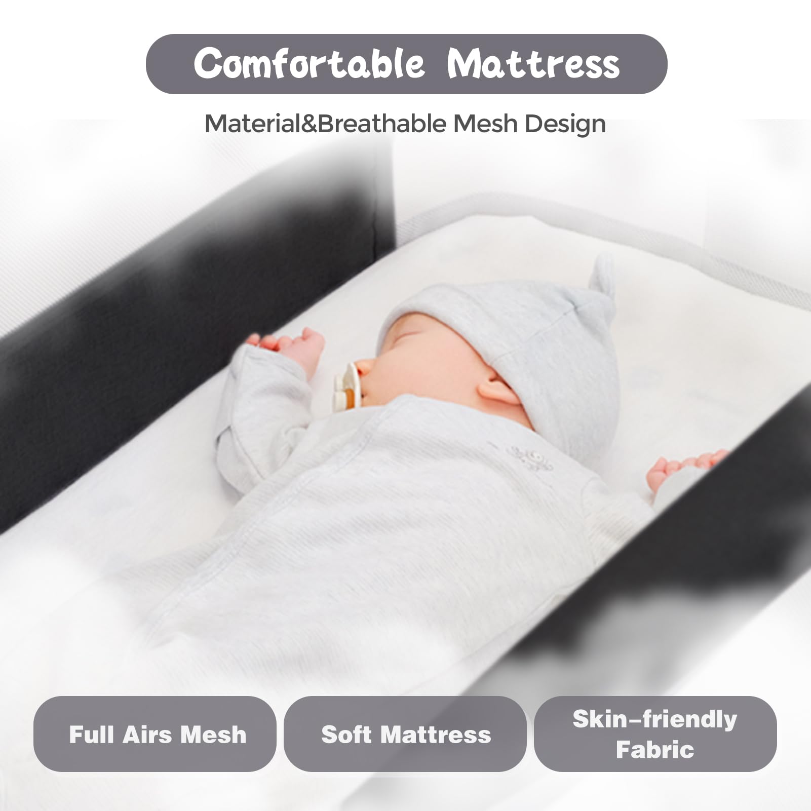 3-in-1 Portable Baby Bassinet with Hanging Toys | Foldable Bedside Sleeper Crib with 4-Sided Mesh, Wheels & Storage Basket | 6 Height Adjustable for Newborns & Infants | Perfect for Nursery, Bedroom & Travel (Black)