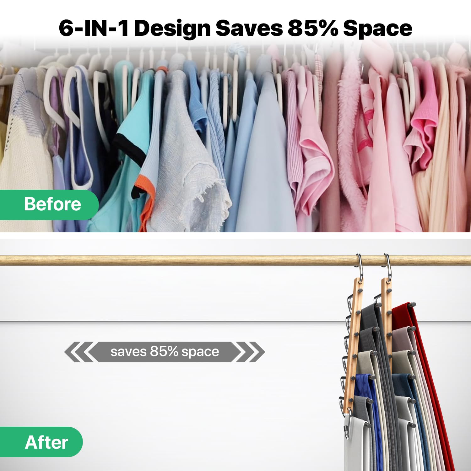 Space Saving Bamboo Pants Hangers - Closet Organizer for Jeans & Trousers - Home & Office Use