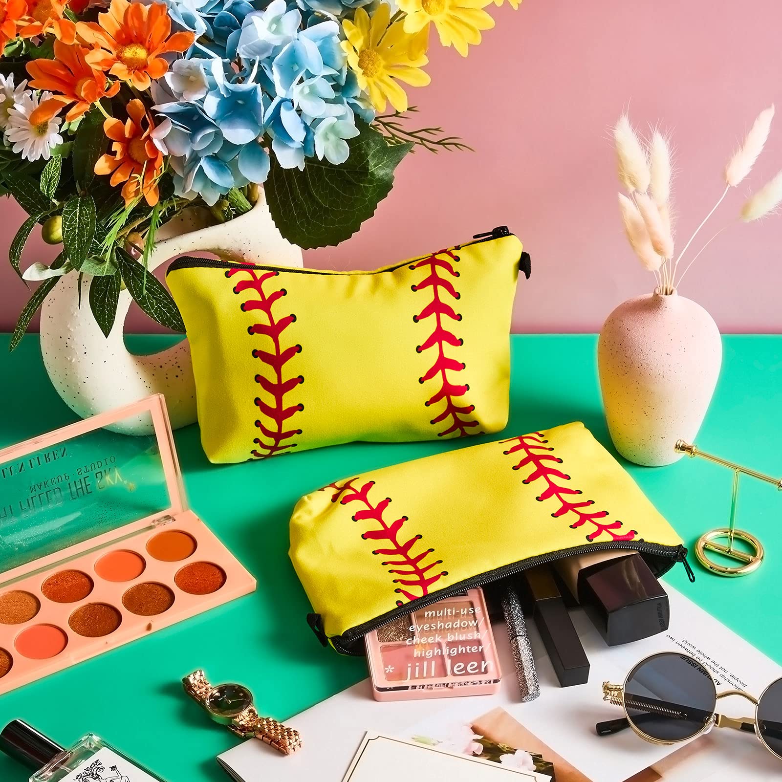 4 Pack Softball Makeup Bags - Waterproof Cosmetic Pouches for Baseball & Travel - Zippered Toiletry Organizer for Women, Girls, Athletes & Moms - Perfect for Gym, Sports Team, Vacation & Daily Use (Yellow)