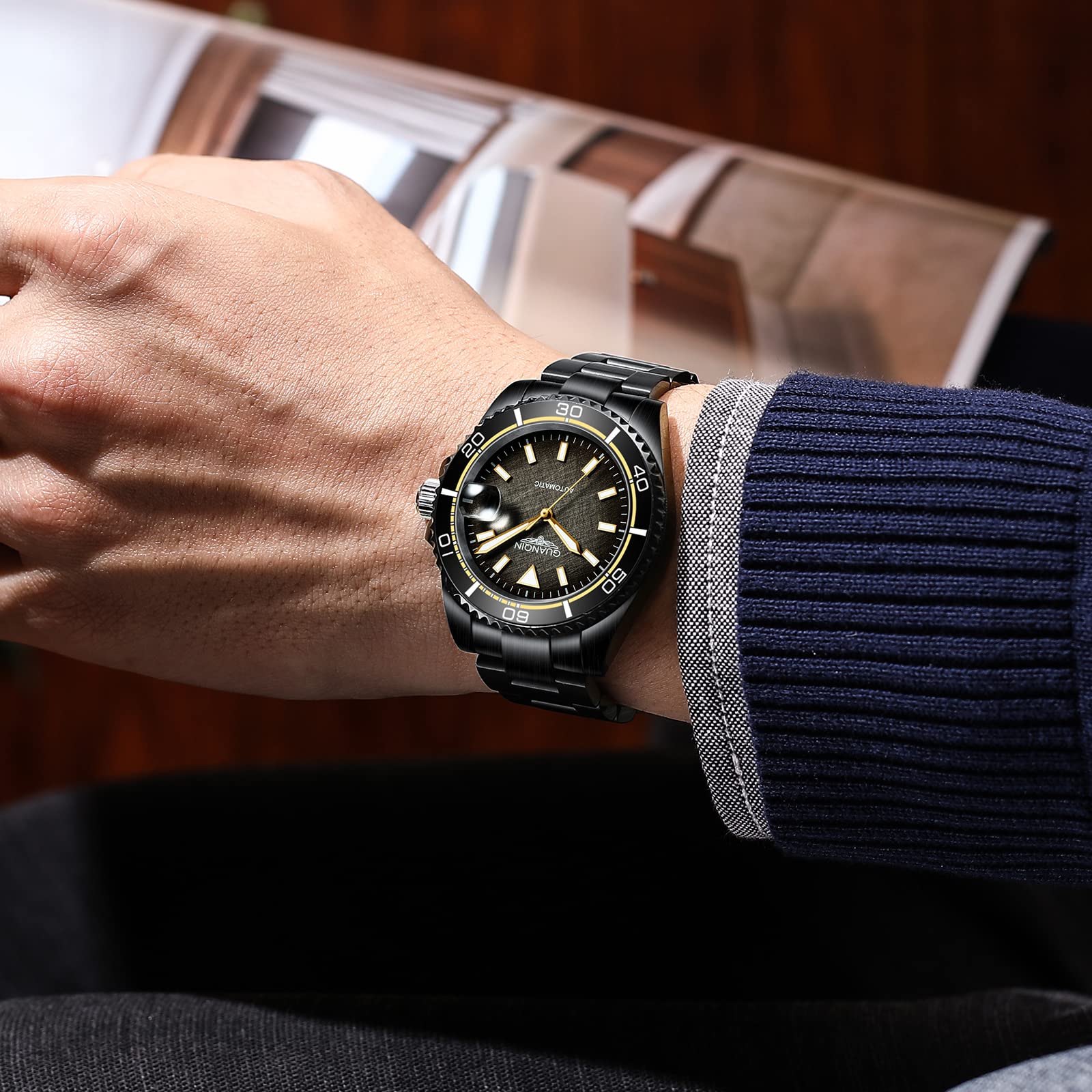 Guanqin Men's Automatic Mechanical Watch - Ceramic Bezel, Stainless Steel Case, Granite Dial - Business, Formal & Sports Watch for Office, Wedding & Outdoor Activities