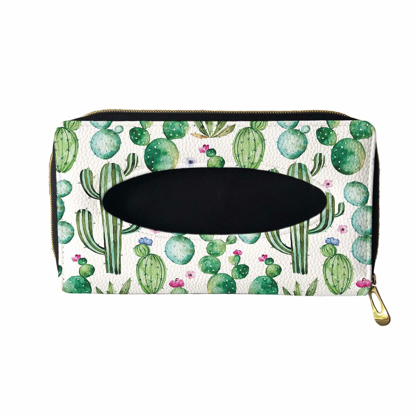 GIFTPUZZ Green Cactus Print Car Visor Tissue Holder - PU Leather Backseat Tissue Dispenser with 2 Hook Clips | Durable Auto Mask & Tissue Box Organizer for Women & Girls | Perfect Car Accessory for Road Trips, Commuting & Family Travel