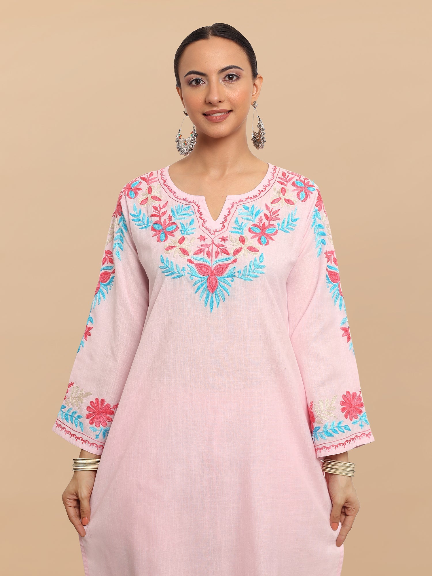 Elegant Asfi Javed Falak Kashmiri Long Kurta Set in Baby Pink - Perfect for Weddings, Festivals & Cultural Events