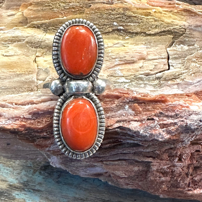 Sterling Silver Double Red Coral Stone Ring for Women - Size 7.5 - Elegant Bohemian Jewelry for Parties, Weddings & Everyday Wear
