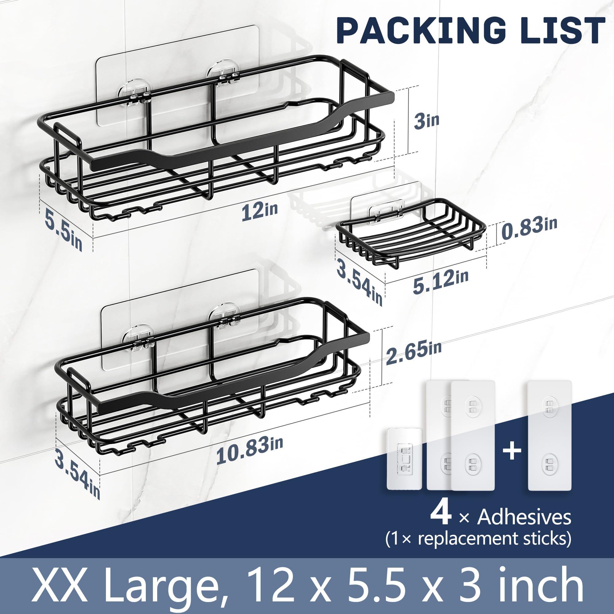 OMAIRA Adhesive Shower Caddy 3-Pack with Soap Holder - No Drill Bathroom Organizer, Wall Mounted Shower Shelf for Bathroom, Kitchen & Countertop - Black - Perfect for Small Spaces, Apartment Living & Rental Homes