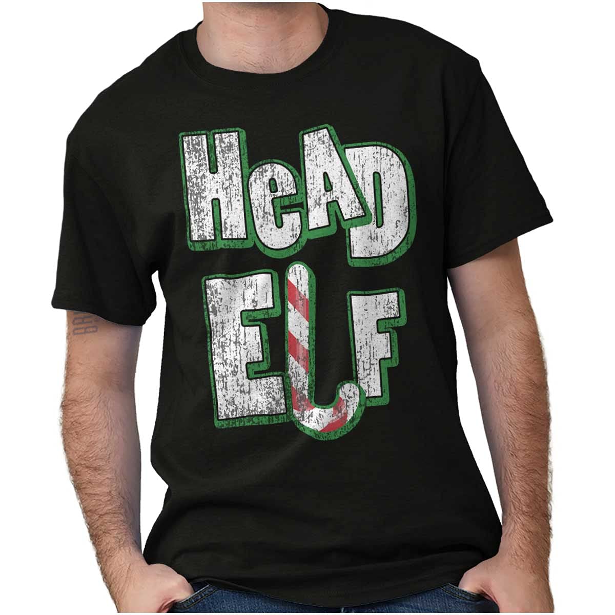 Festive Christmas Head Elf Candy Cane Graphic T-Shirt for Men & Women - Holiday Party, Gift Exchange & Ugly Sweater Contest Outfit