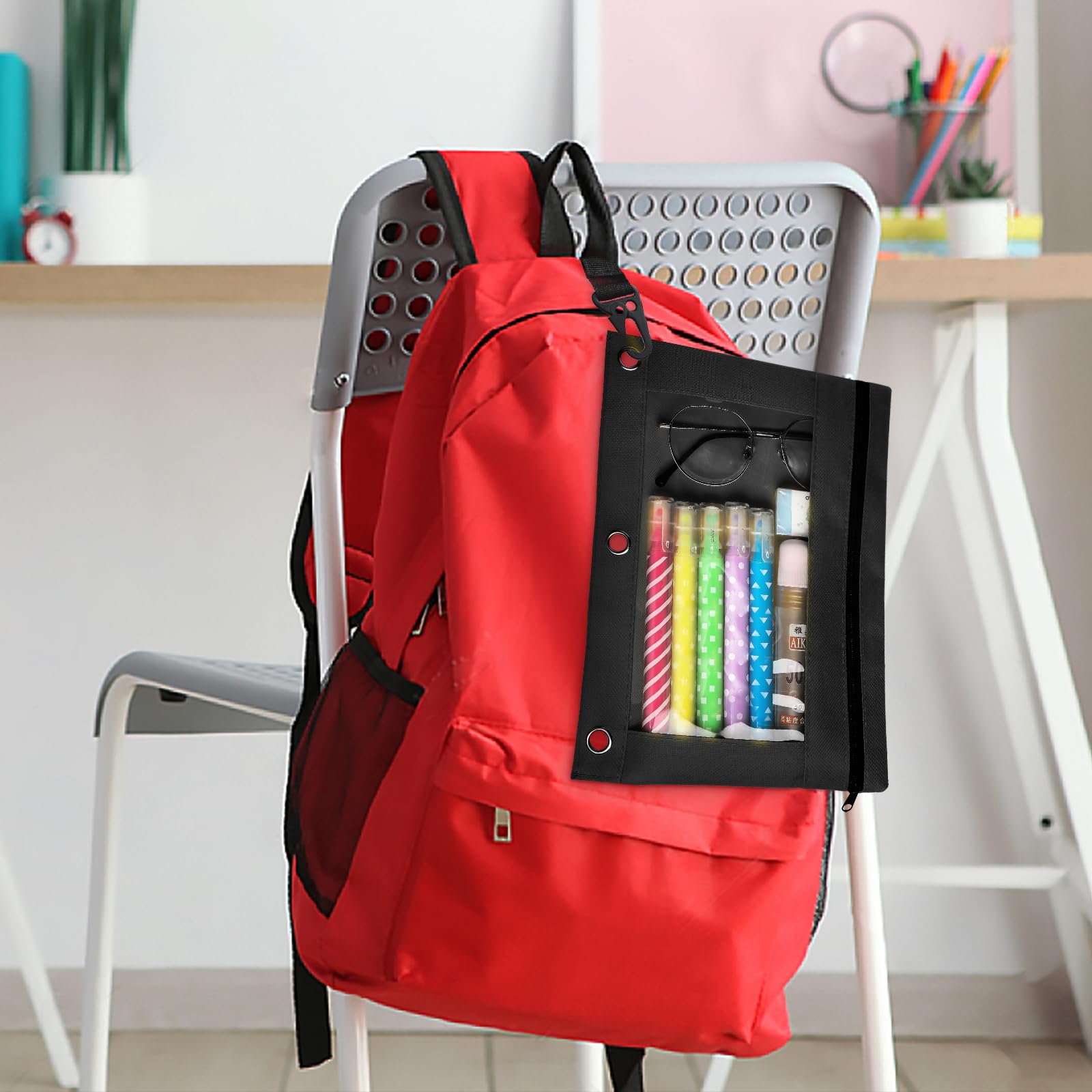 Zipper Pencil Case with Clear Window - 3 Hole Binder Pouch for Office Supplies, School Stationery & Art Tools (Pack of 12) - Perfect for Organizing Pens, Markers & Small Accessories in Binders, Backpacks & Work Desks