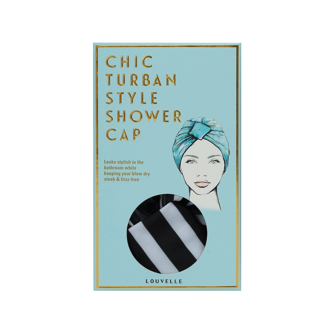 Louvelle Amelie Waterproof Shower Cap - Monochrome Striped Design for Women | Bath & Hair Protection for Swimming, Spa & Travel